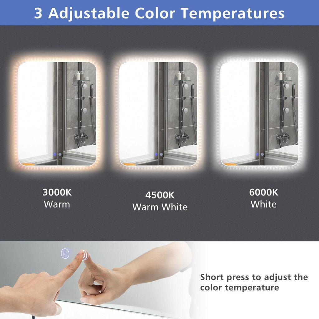 32 x 24 Inch Shatterproof Wall Mirror with 3-Color Lights and Anti-Fog Function