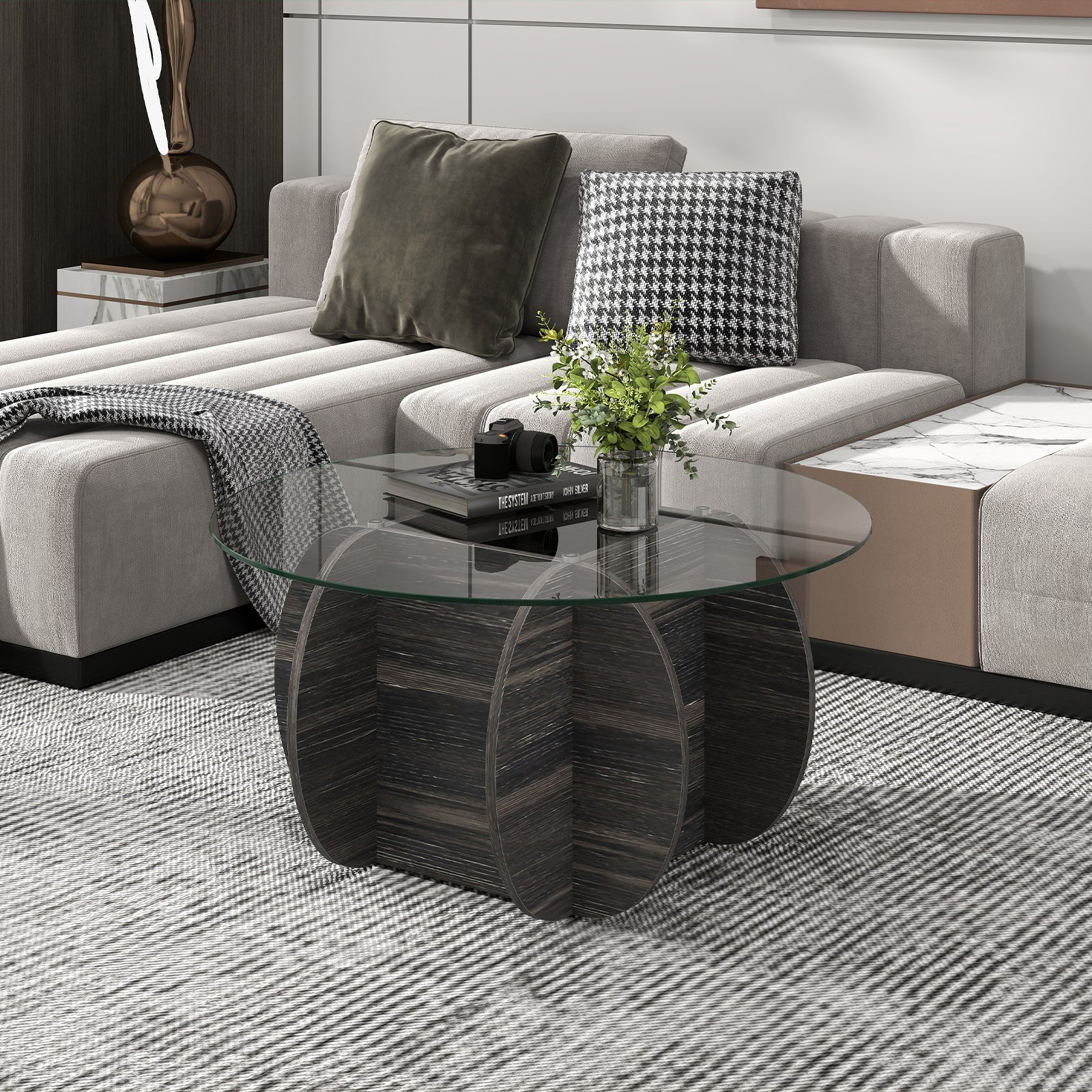 35" Round Coffee Table Unique Circle Center Table with Tempered Glass Top and Solid Wood Base-Black
