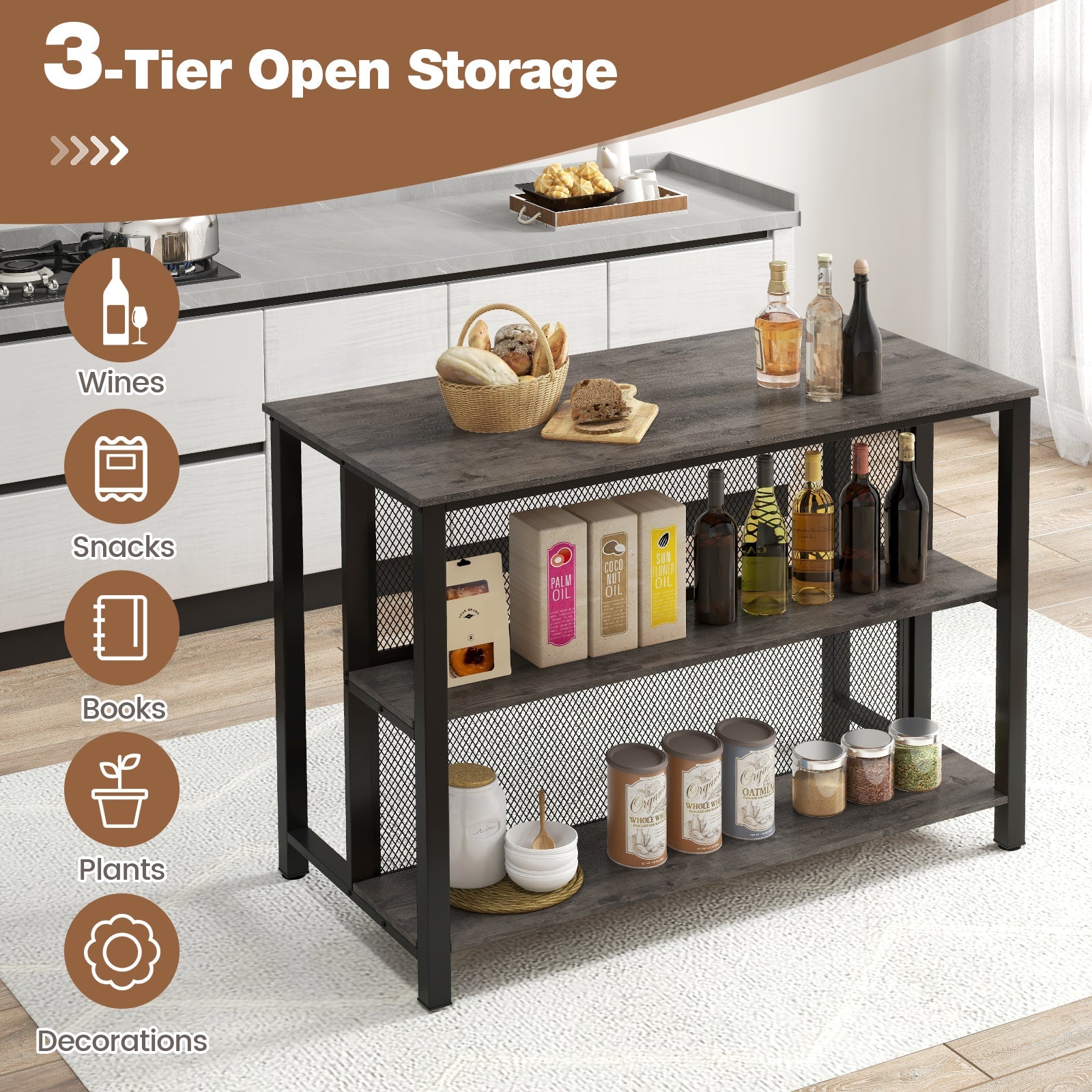 36 Inch 3-Tier Bar Table with Storage Metal Frame Adjustable Foot Pads for Dining Room