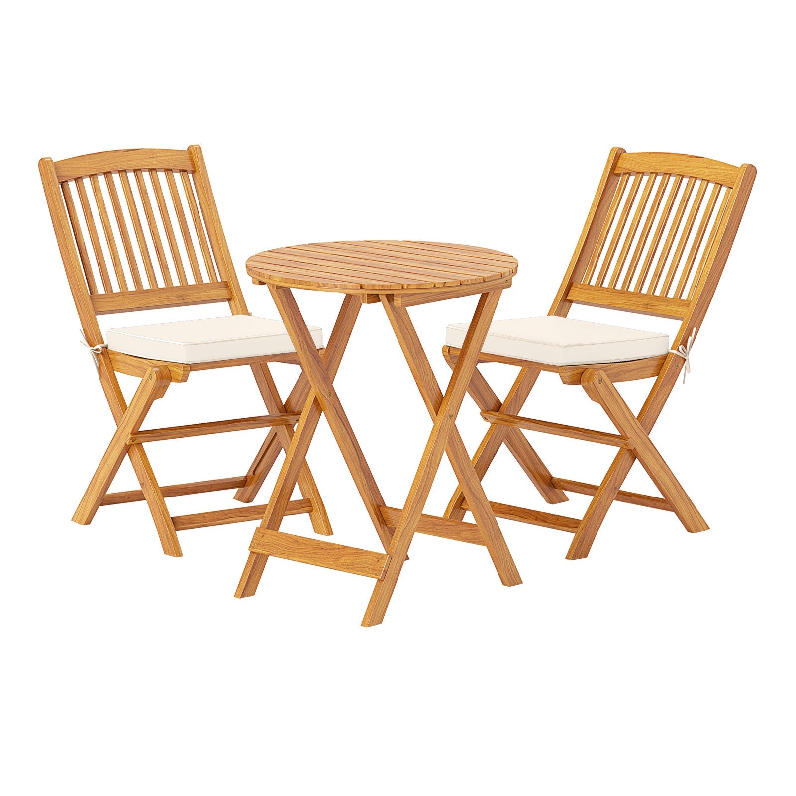 3 Pieces Acacia Wood Patio Folding Bistro Set with Soft Cushions