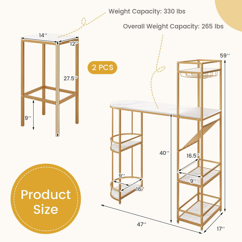 3 Pieces Bar Table Set with Storage Shelves and Wine Rack-Golden