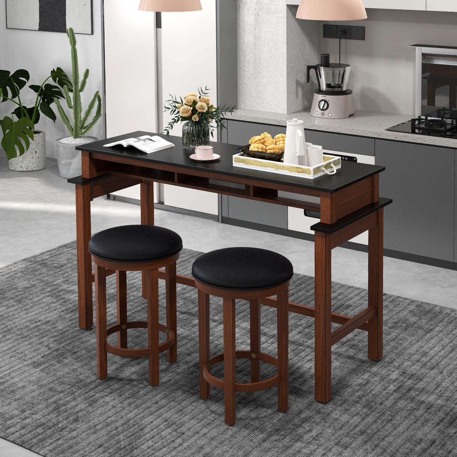 3-Piece Home Bar Set with 2 Upholstered Bar Stools Outlets and USB Ports