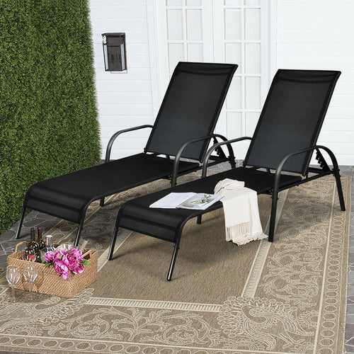 2 Pcs Outdoor Patio Lounge Chair Chaise Fabric with Adjustable Reclining Armrest-Brown