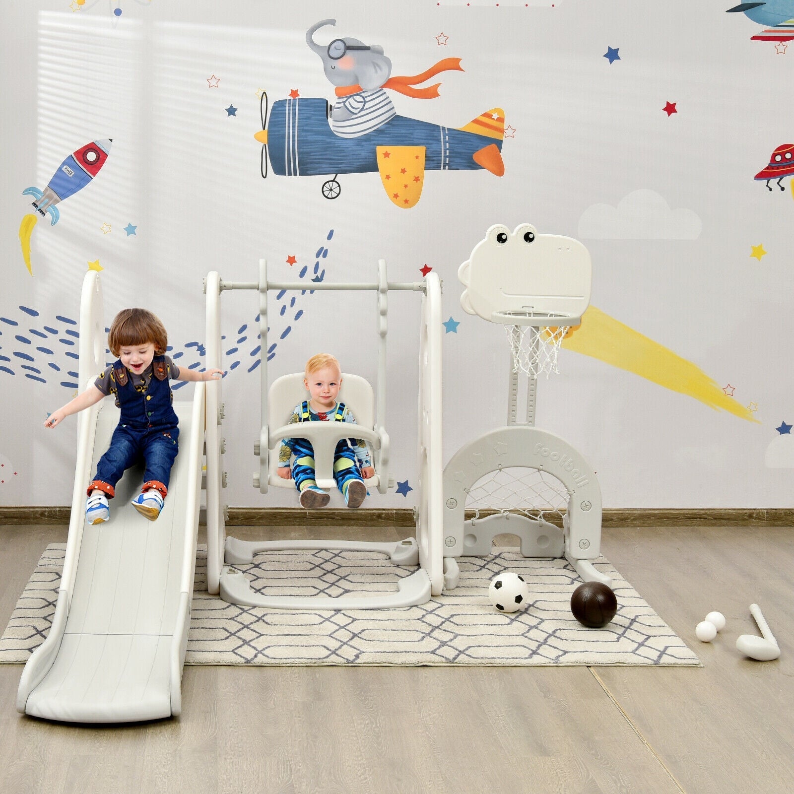 6 in 1 Toddler Slide and Swing Set with Ball Games