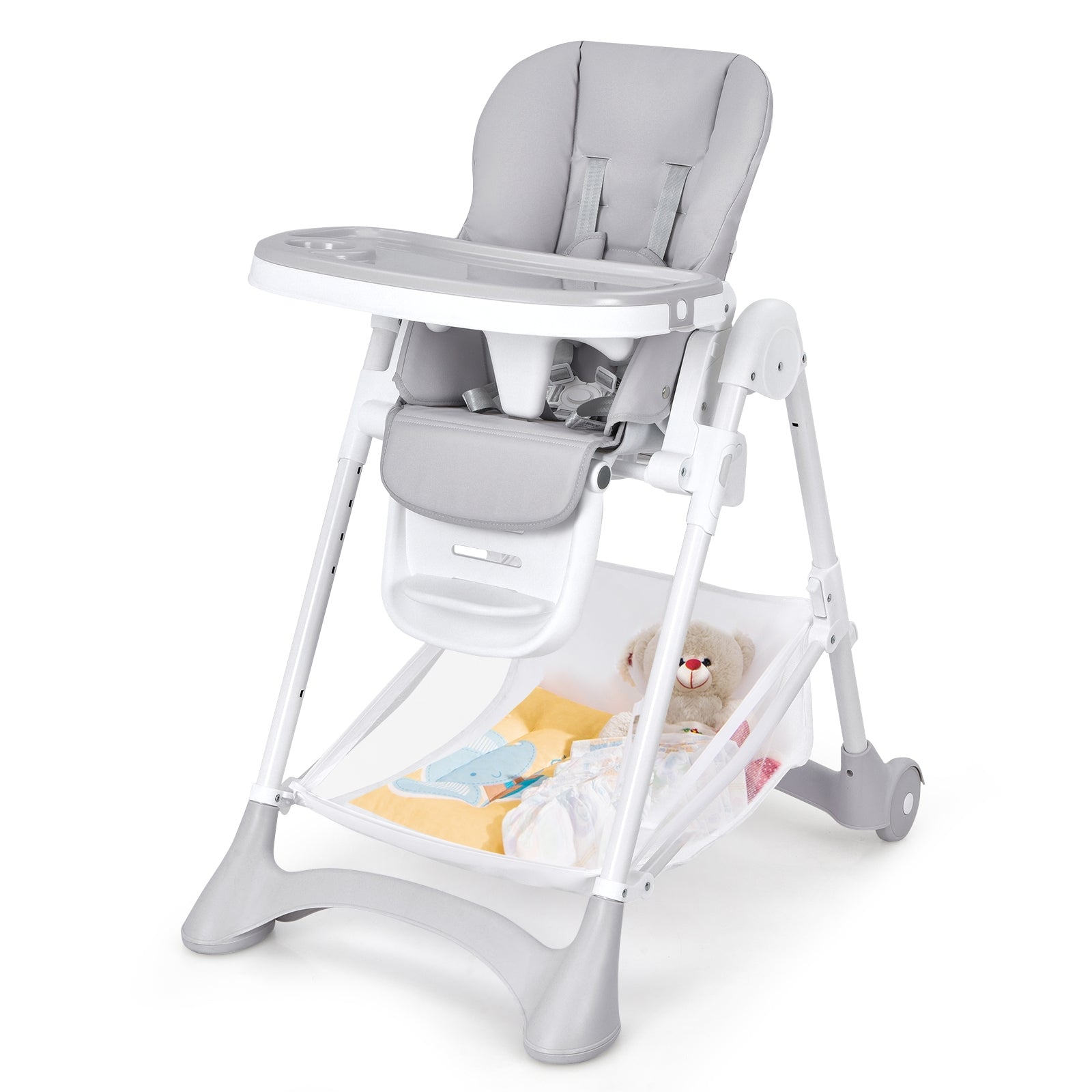 Baby Convertible Folding Adjustable High Chair with Wheel Tray Storage Basket