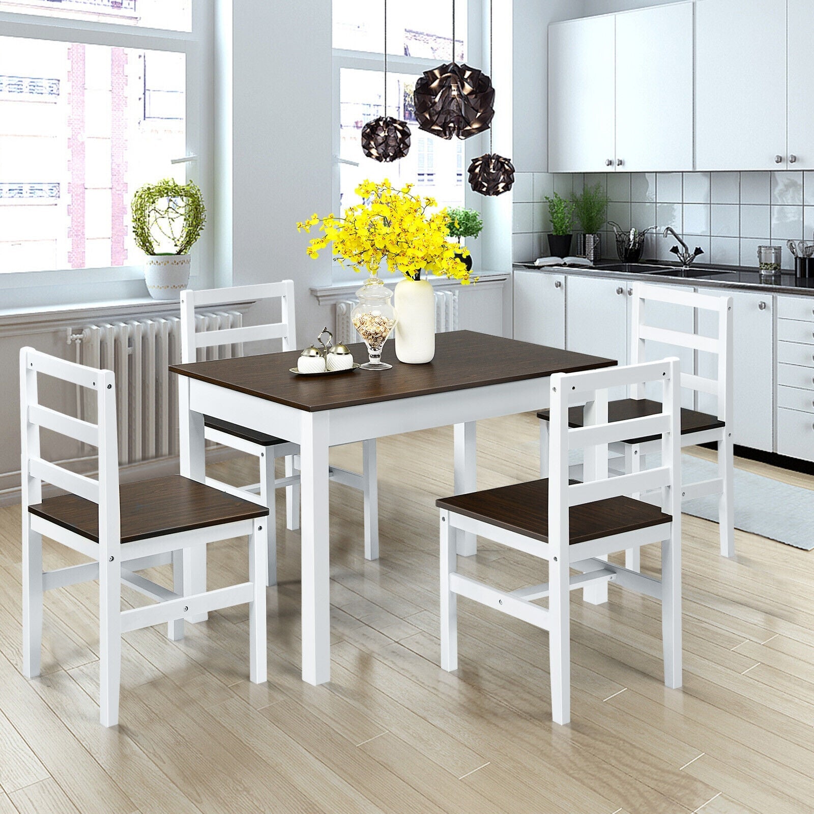 5 Pieces Solid Wood Compact Kitchen Dining Set-Walnut