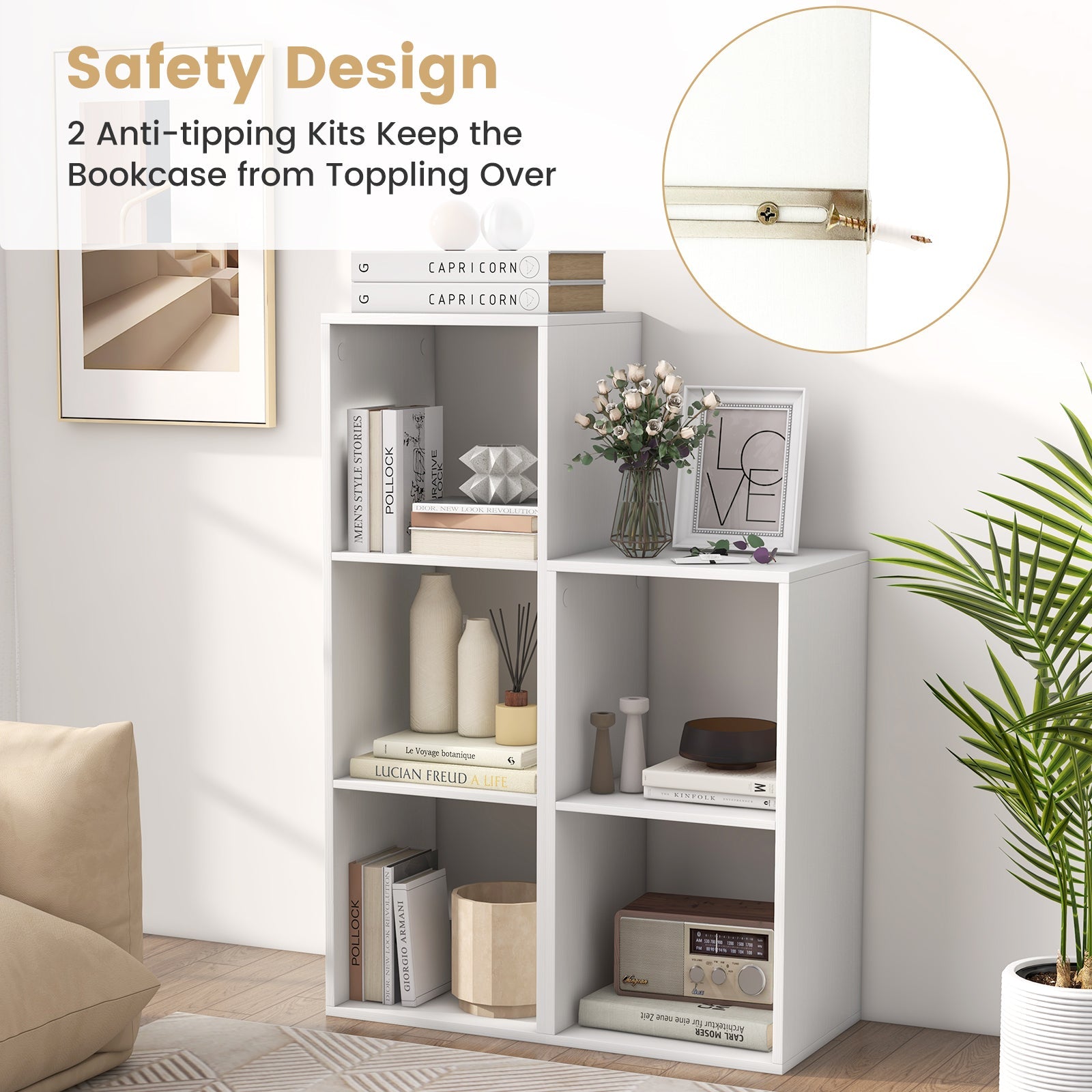 3 Cube Bookshelf with Back Guardrail for Living Room Bedroom