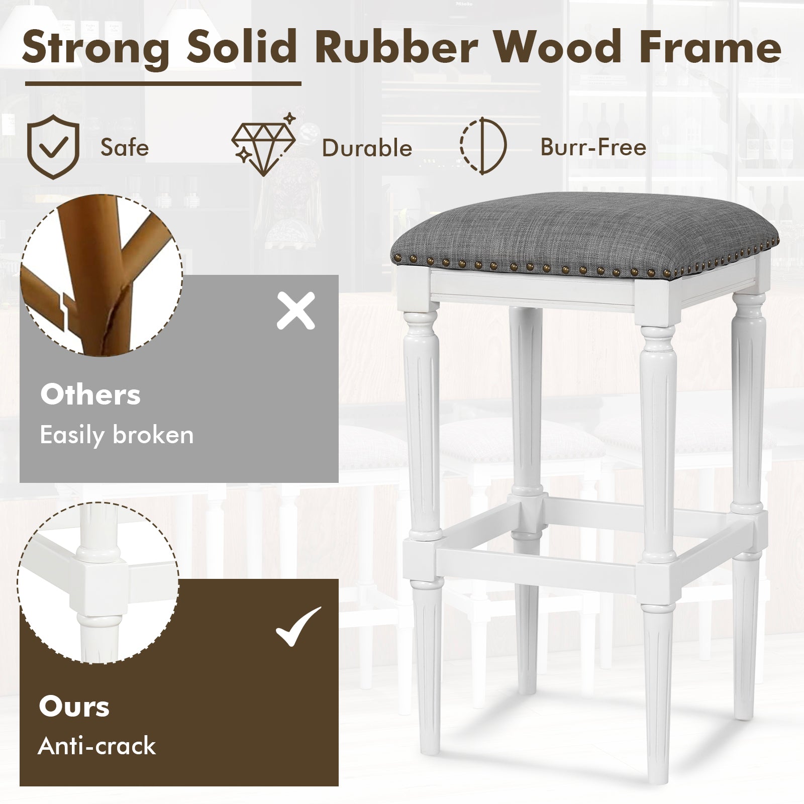 3 Heights Square Saddle Stool Set of 2 with Footrests and Padded Seats-Gray