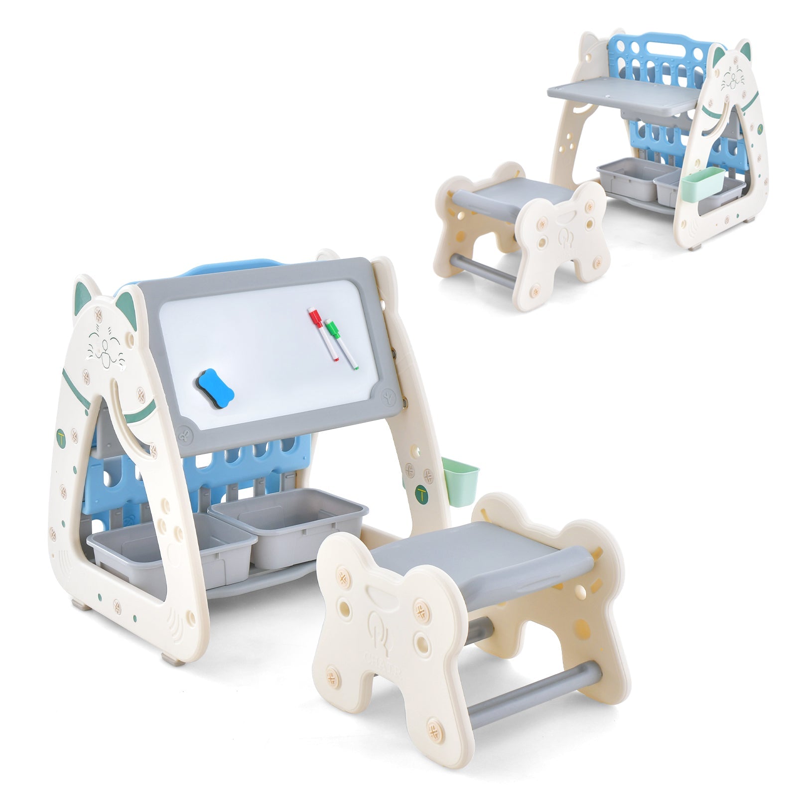 3-In-1 Double Sided Magnetic Dry-Erase Board with Stool and Flipped Writing Desktop