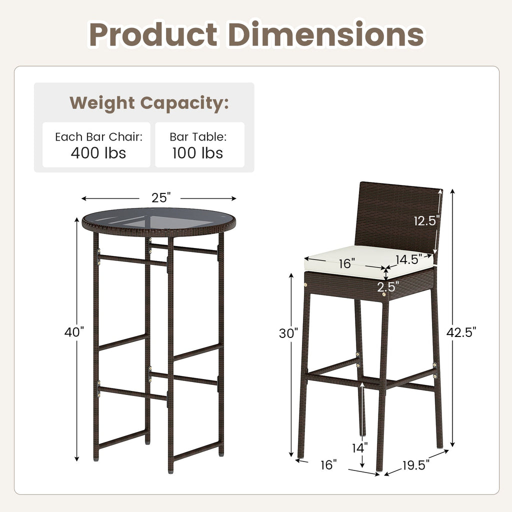 3 Piece Outdoor Bar Set Patio Heavy-Duty Metal Barstool and Table Set-White