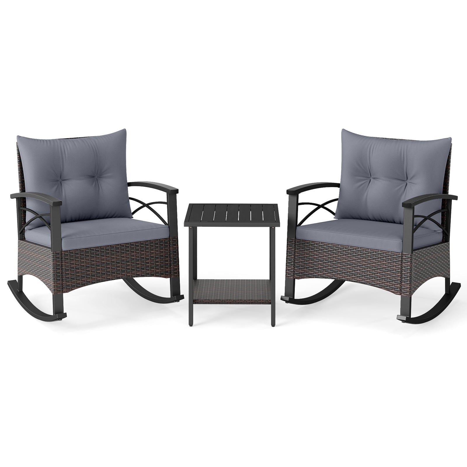 3 Piece Rocking Bistro Set PE Rattan Rocker Chairs with Acacia Wood Top Table