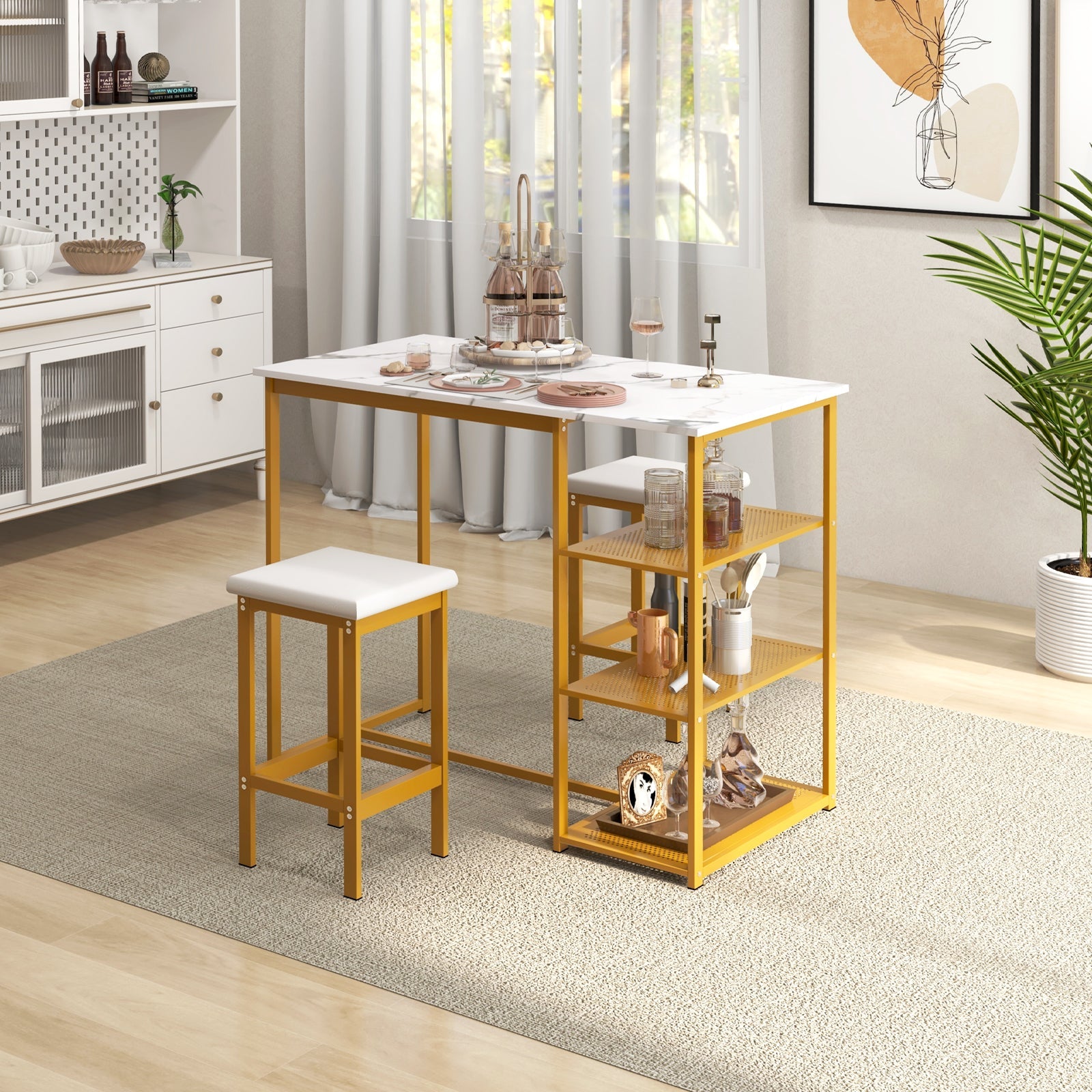 3 Pieces Gold Bar Table Set for 2 with 3-Tier Storage Shelves-Golden