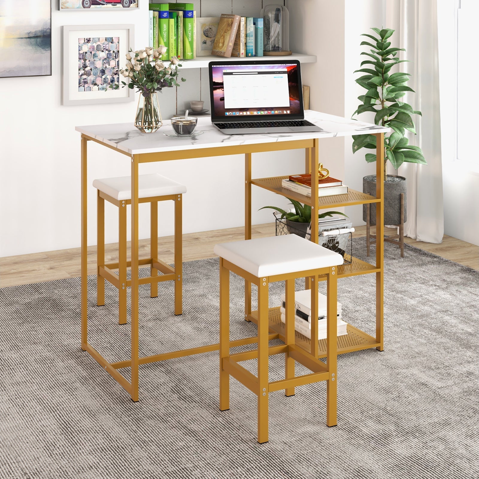 3 Pieces Gold Bar Table Set for 2 with 3-Tier Storage Shelves-Golden