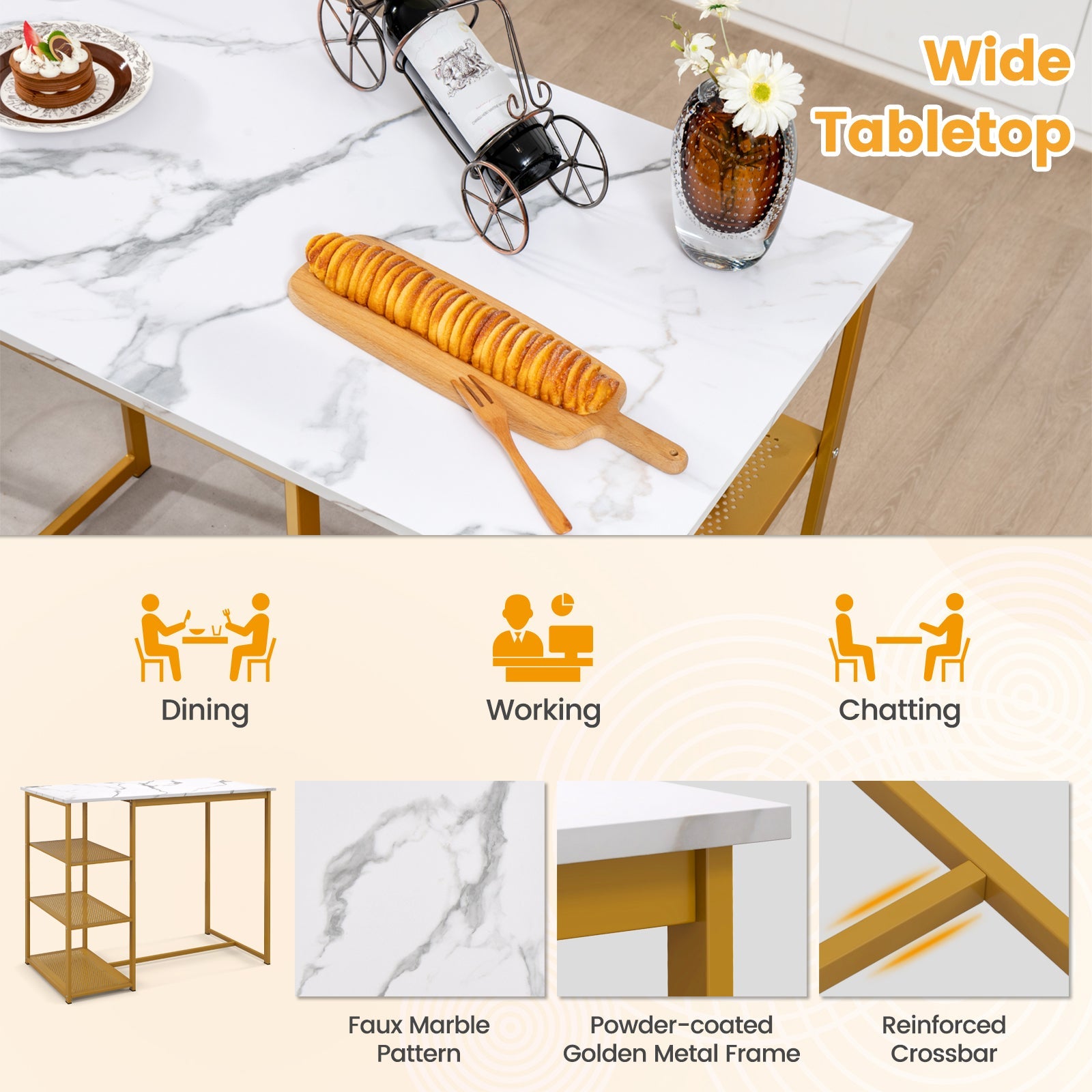 3 Pieces Gold Bar Table Set for 2 with 3-Tier Storage Shelves-Golden