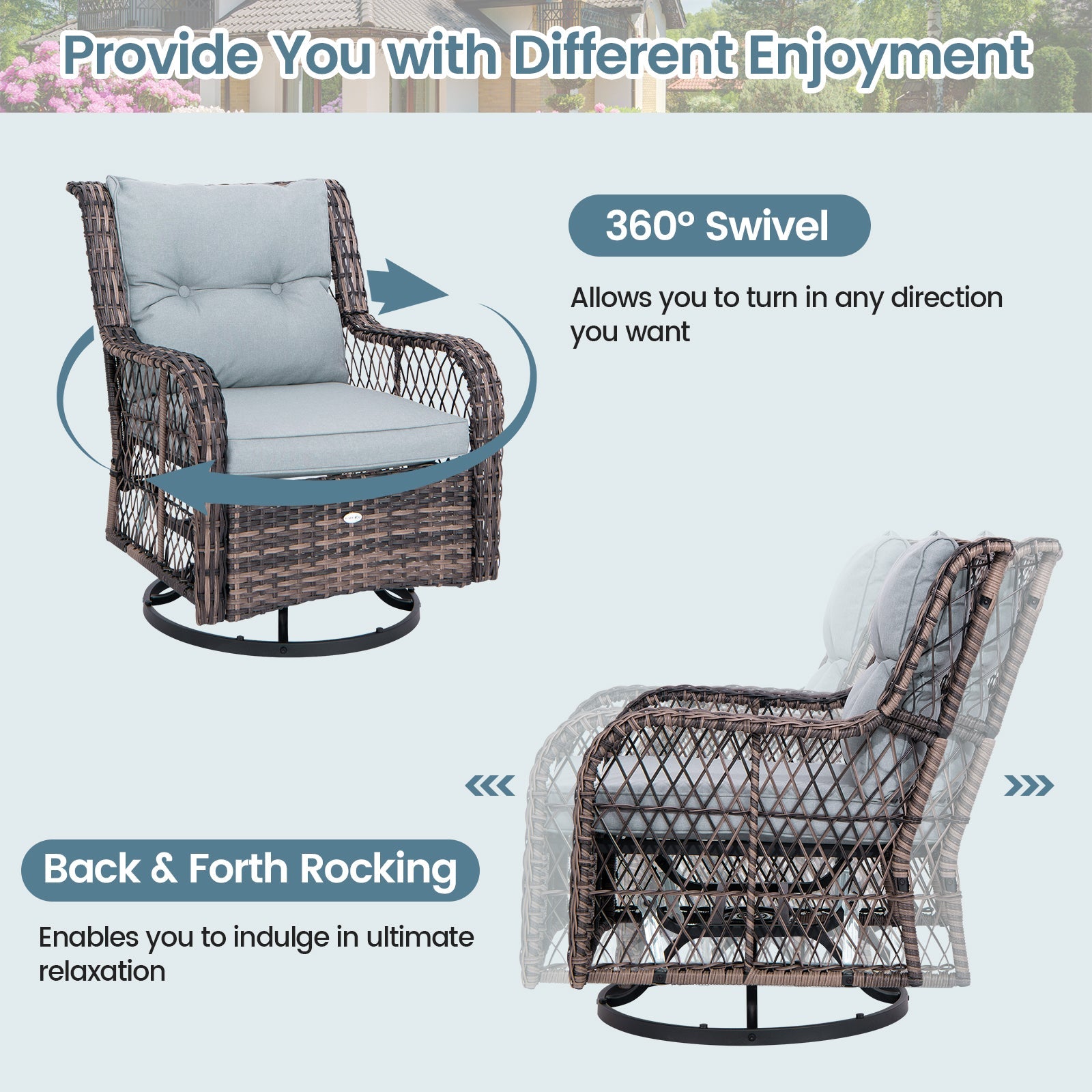 3 Pieces Outdoor Swivel Rocker Set with Small Side Table-Gray