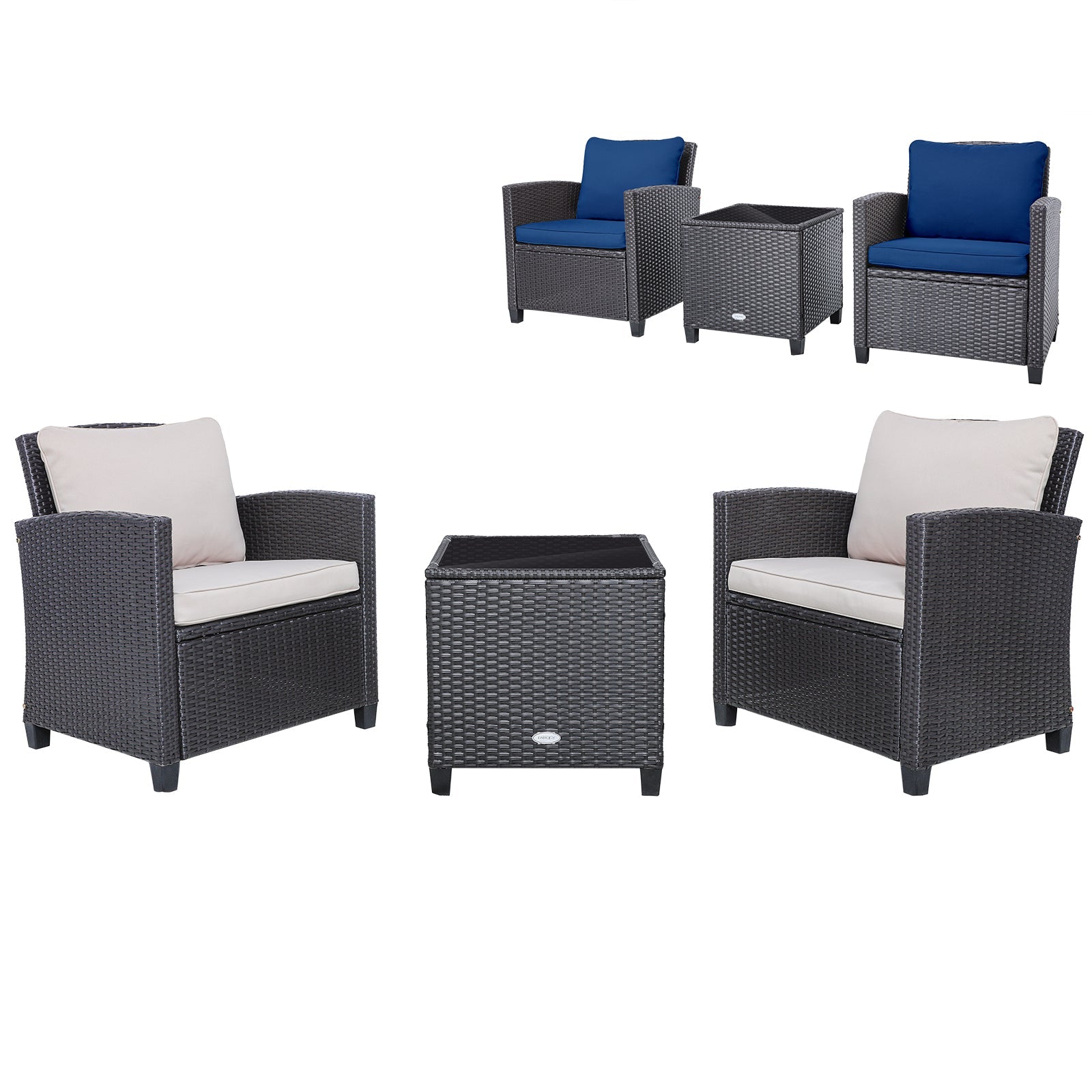 3 Pcs Patio Rattan Furniture Set Cushioned Conversation Set Coffee Table-Beige
