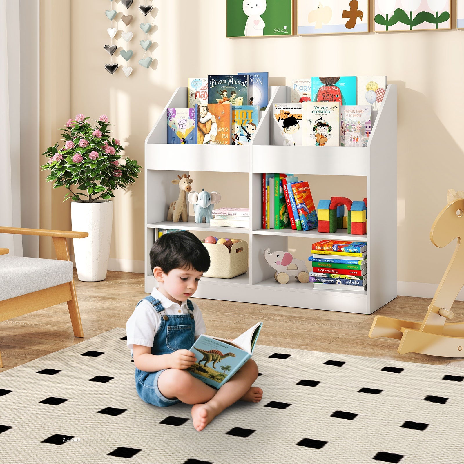 3-Tier Kid's Bookshelf Toy Storage Organizer with Display Rack and 4 Compartments-White