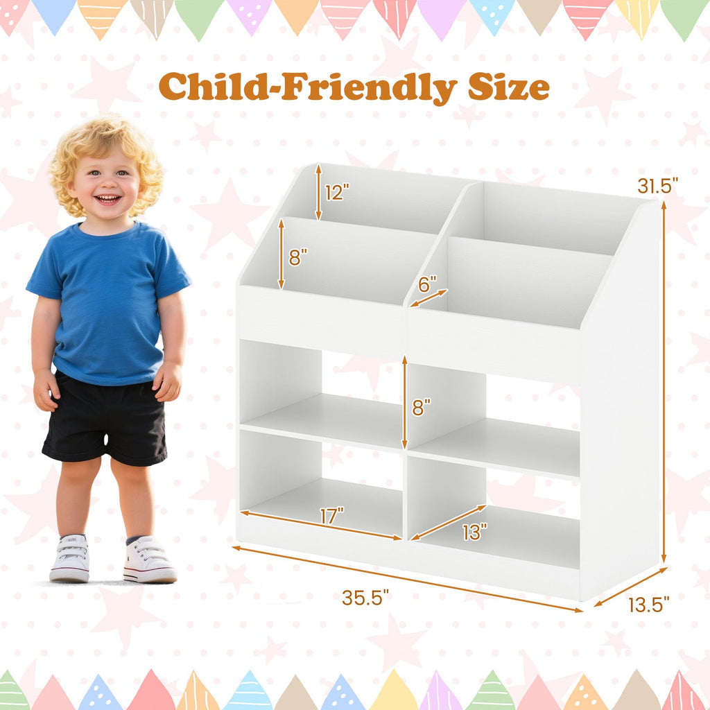 3-Tier Kid's Bookshelf Toy Storage Organizer with Display Rack and 4 Compartments-White
