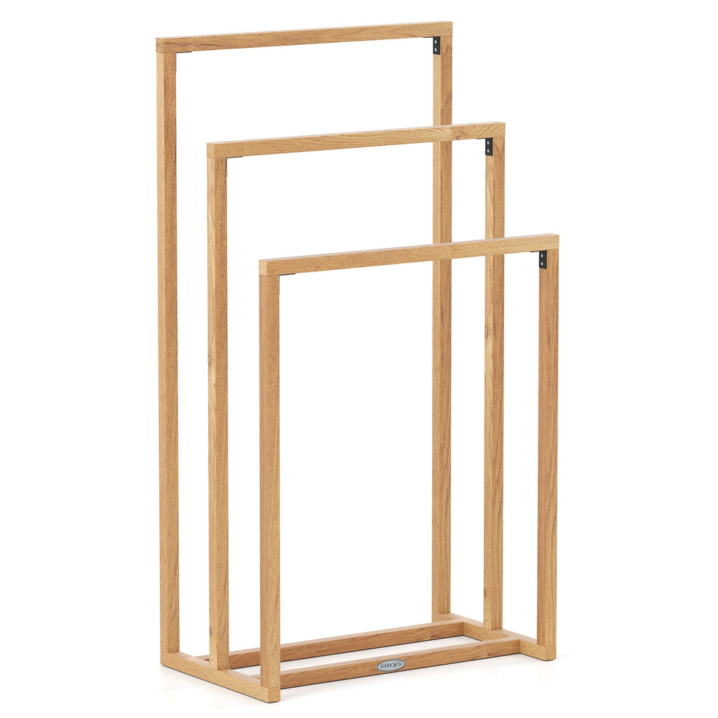 3-Tier Teak Wood Towel Rack with 3 Hanging Crossbars