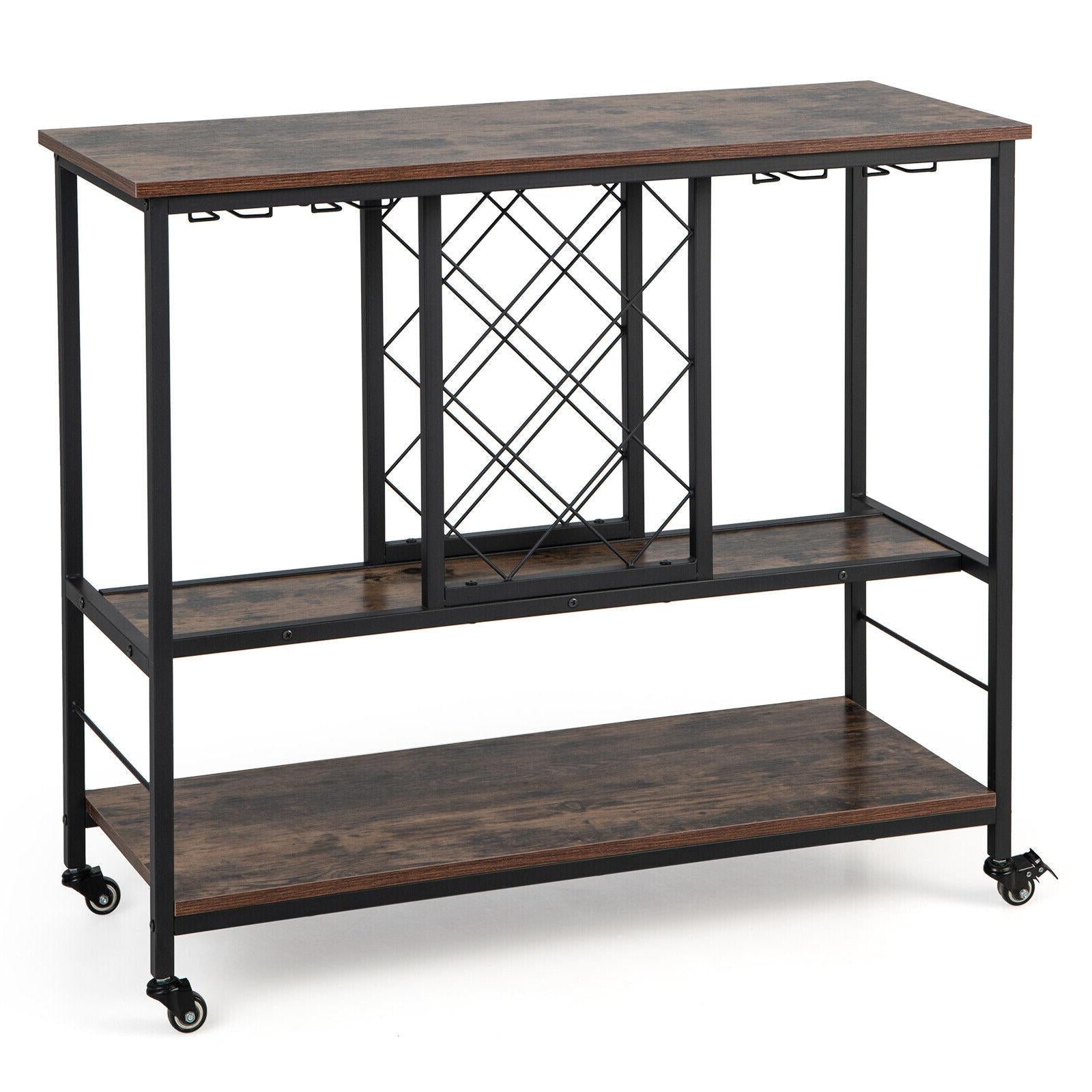 3-Tier Wine Bar Cabinet wit 8 Bottles Rack and 12 Glasses Hanger-Rustic Brown