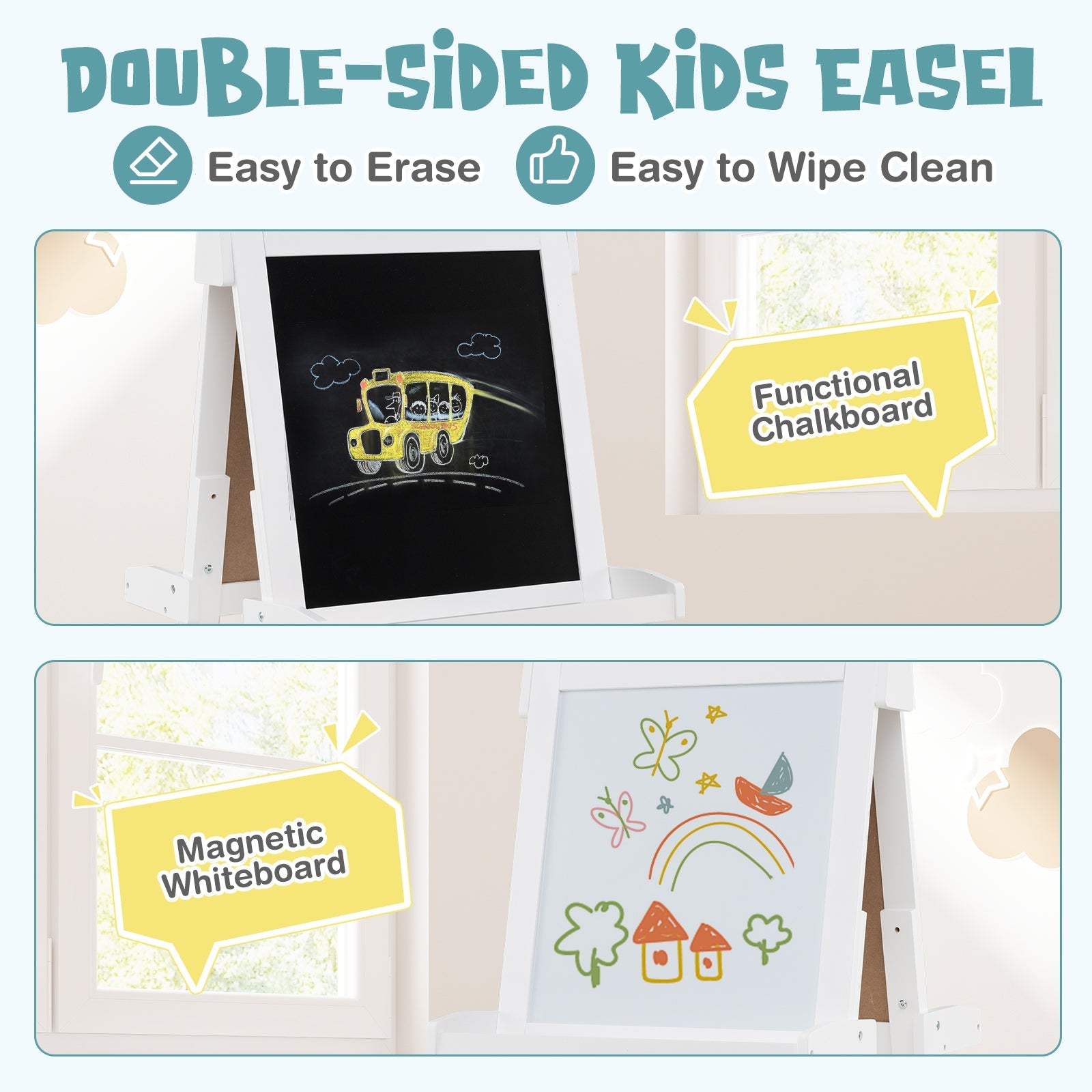 3-in-1 Double-sided Art Easel with Chalkboard and Magnetic Whiteboard