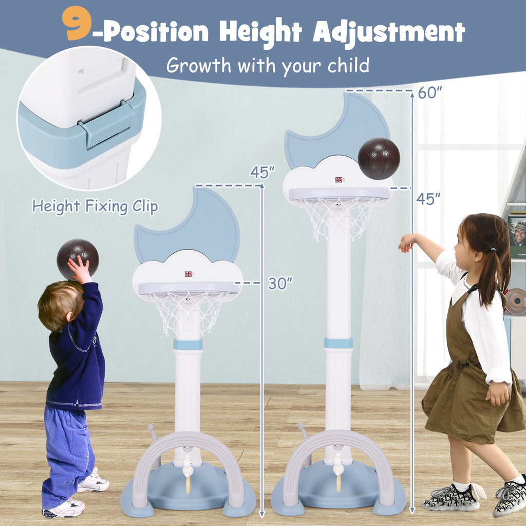 4-In-1 Kids Basketball Hoop with Moon-shaped Electronic Scoreboard and Play Set-Blue