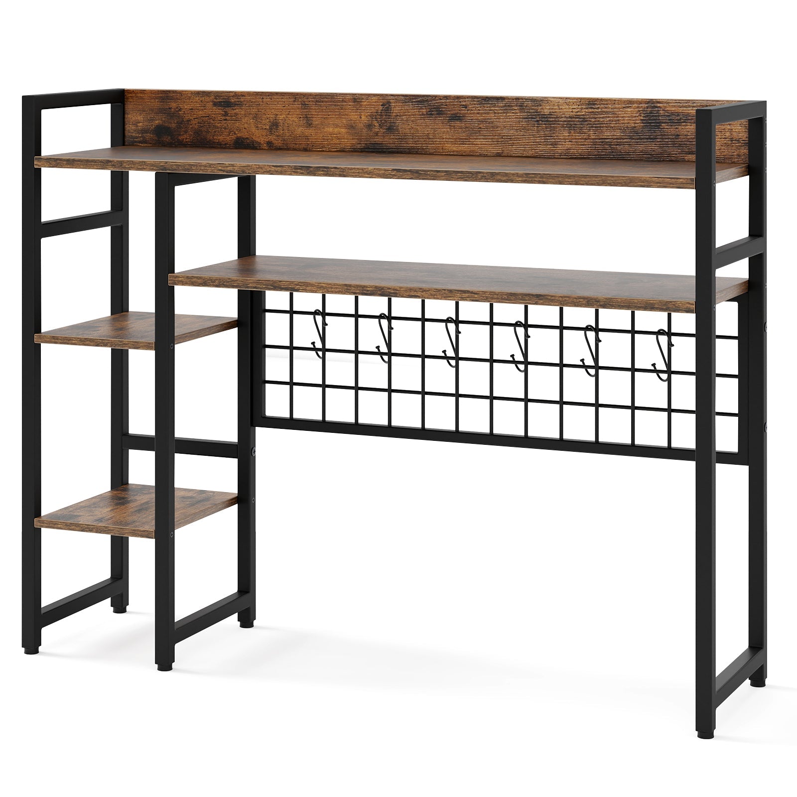 4-Tier Desk Shelf Desktop Display Rack with Metal Grid Panel and 6 Hooks