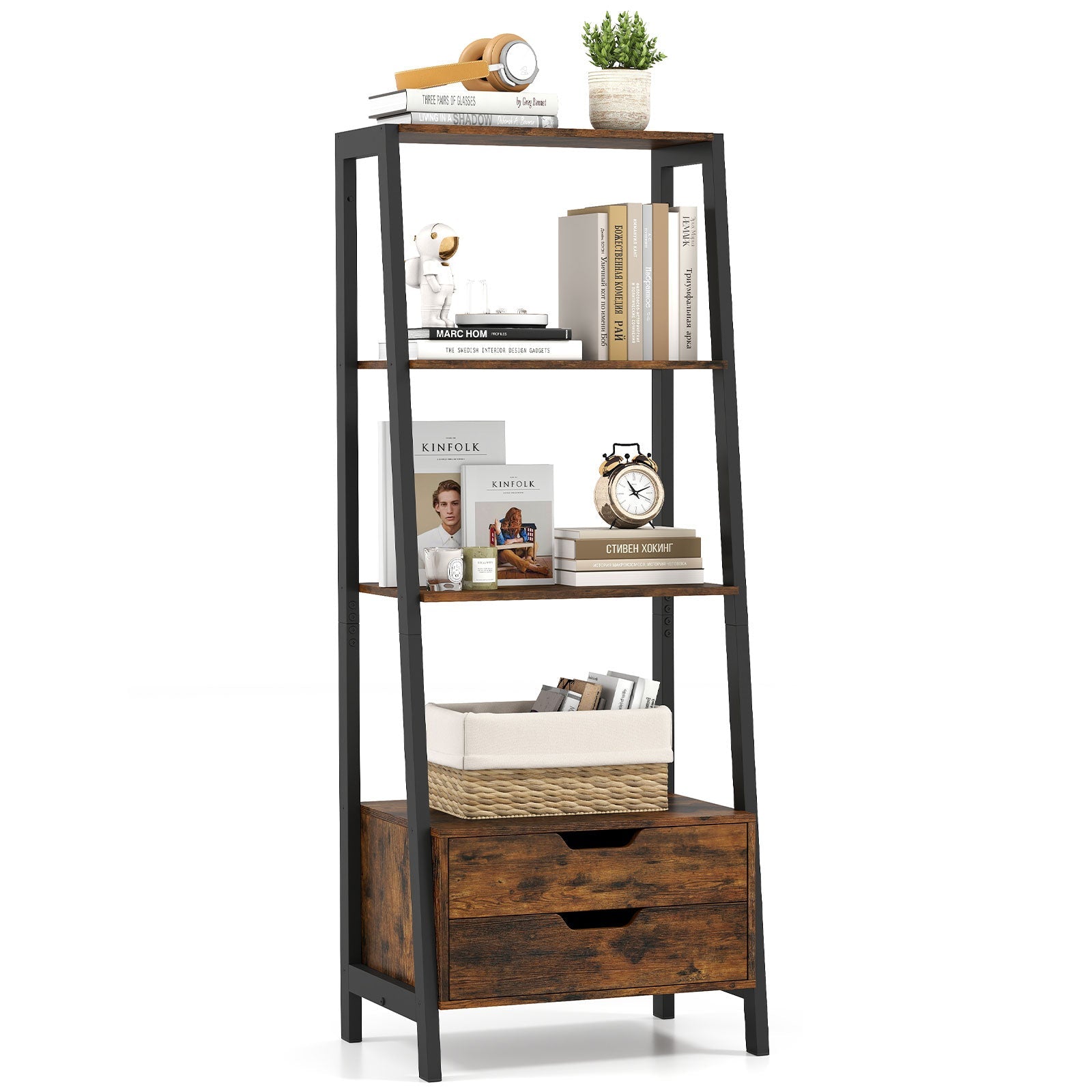 4-Tier Ladder Shelf with 2 Drawers 52.5 Inch Tall Freestanding Bookcase