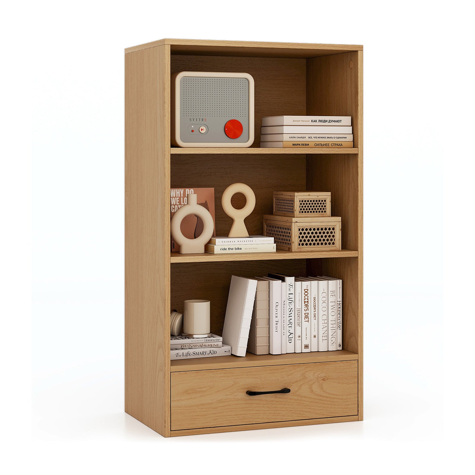 48 Inch Tall 4 Tiers Wood Bookcase with Drawer-Gray