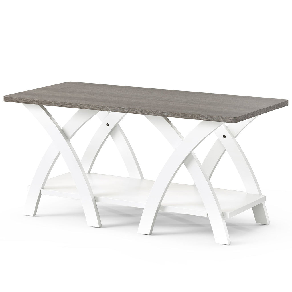 40 Inch Farmhouse Wooden Coffee Table with Storage Shelf with X-shaped Legs-Gray