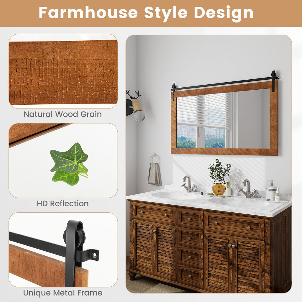 Rectangle Barn Door Style Wall Mounted Mirror with Solid Wood Frame