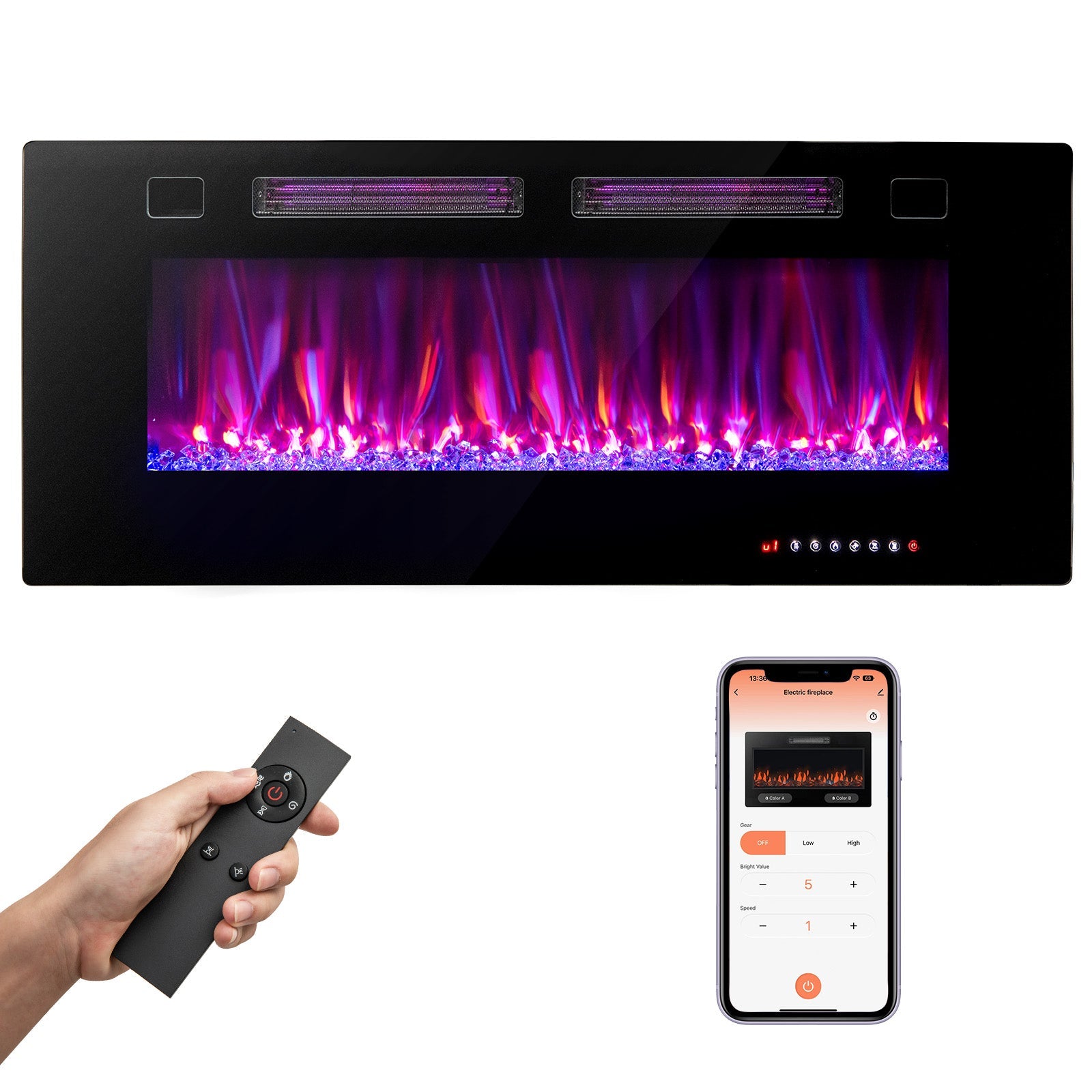 42/50/60/72 Inch Ultra-Thin Electric Fireplace with Decorative Crystals-50 inches