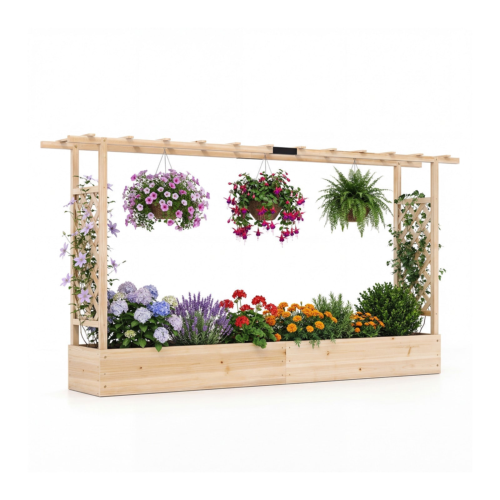 45 Inch Tall Wooden Raised Garden Bed with Side Trellis and Hanging Roof Drainage Holes