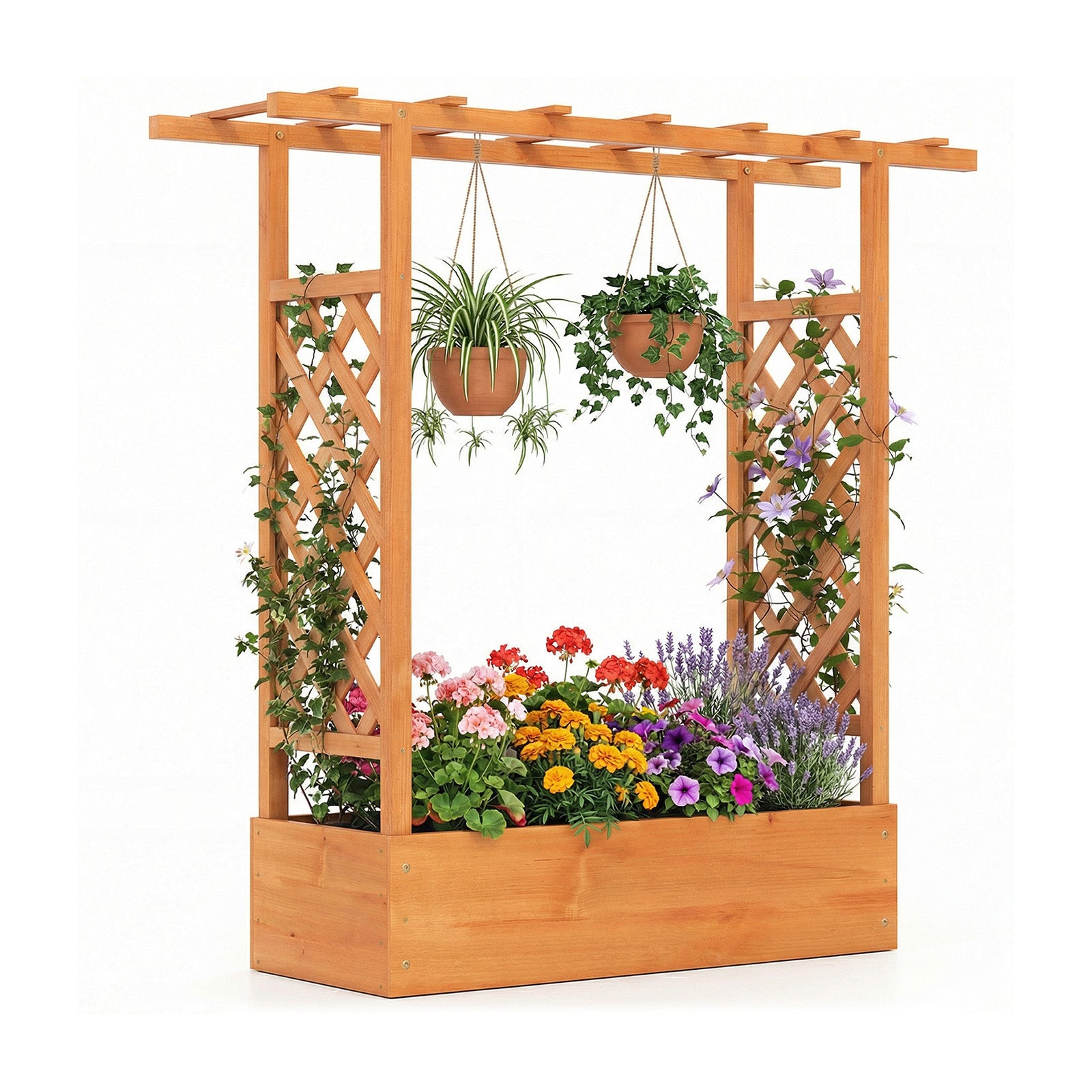 45 inch Tall Wooden Raised Garden Bed with Side Trellis and Hanging Roof