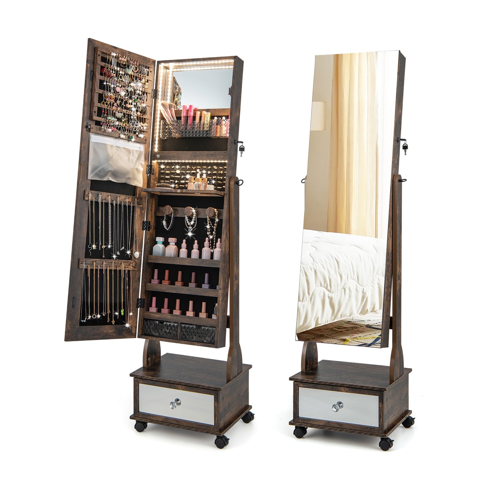 47 Inch Lockable Jewelry Cabinet Armoire with 3-Color LED Lights