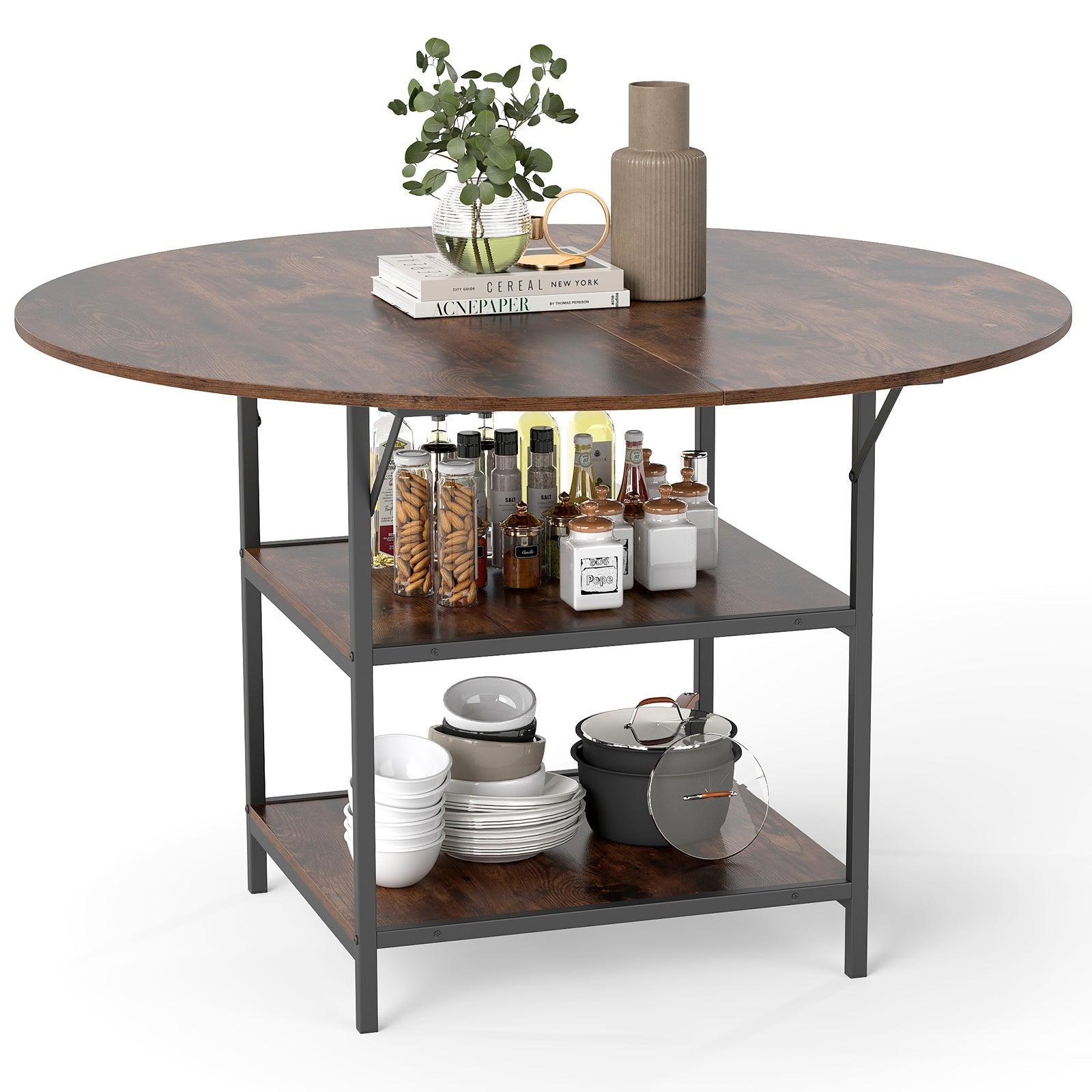 47 Inch Round Dining Table for 4-6 People Large Kitchen Table with 2-Tier Storage Shelves
