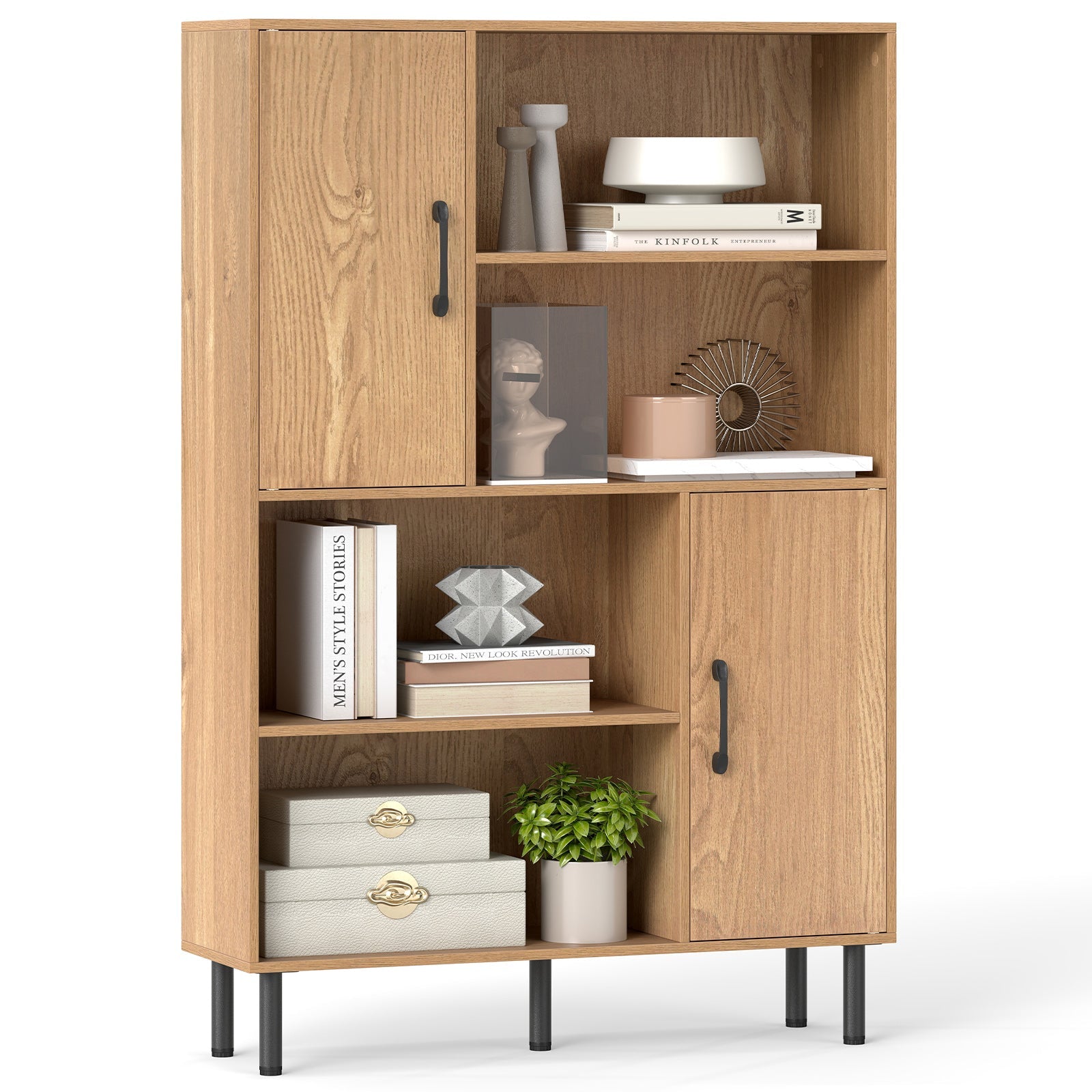 47 Inch Storage Cabinet Freestanding Bookcase with 2 Doors and 4 Open Shelves