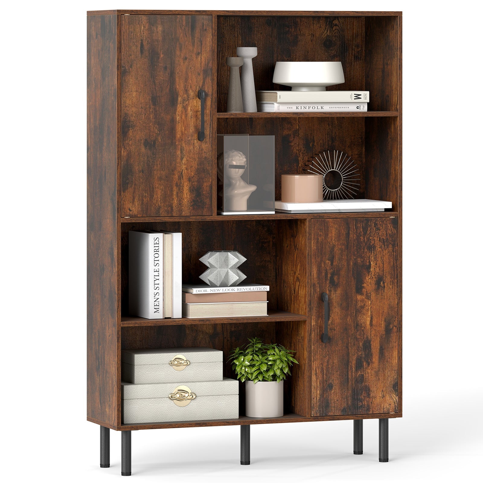 47 Inch Storage Cabinet Freestanding Bookcase with 2 Doors and 4 Open Shelves