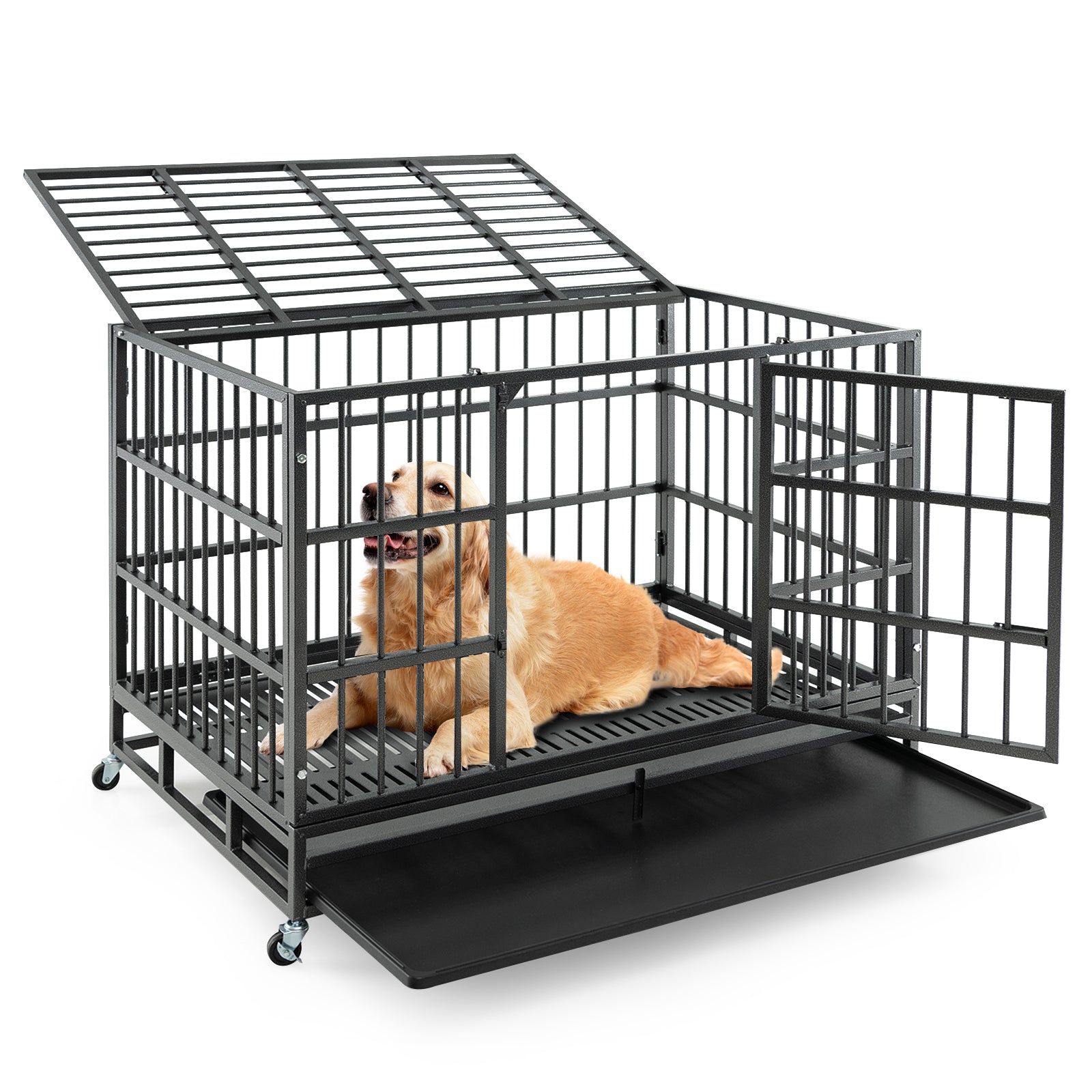 48 Inch Foldable Heavy-Duty Metal Dog Cage with Lockable Rolling Casters and Tray
