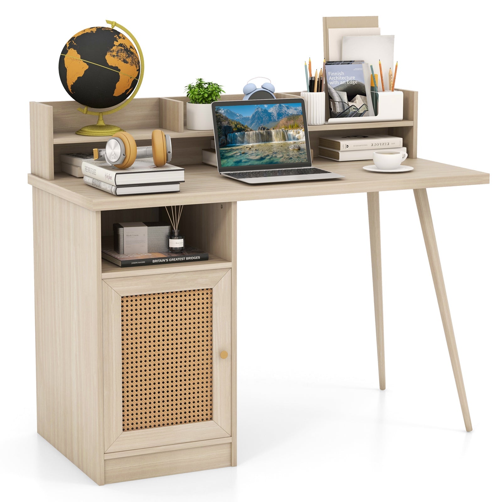 48 Inch Computer Desk with Hutch and PE Rattan Cabinet Shelves