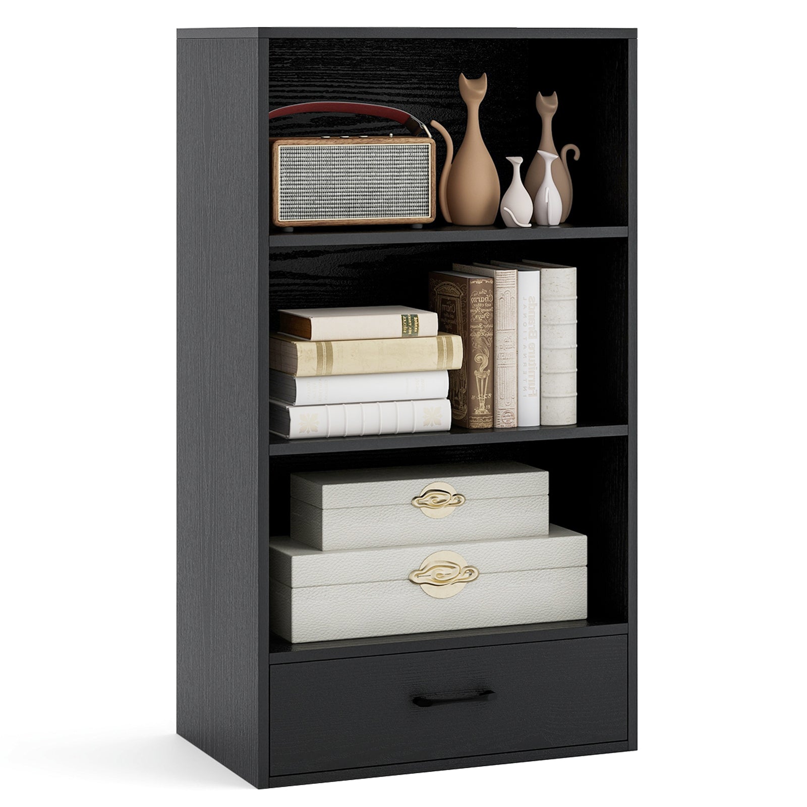 48 Inch Tall 4 Tiers Wood Bookcase with Drawer-Gray
