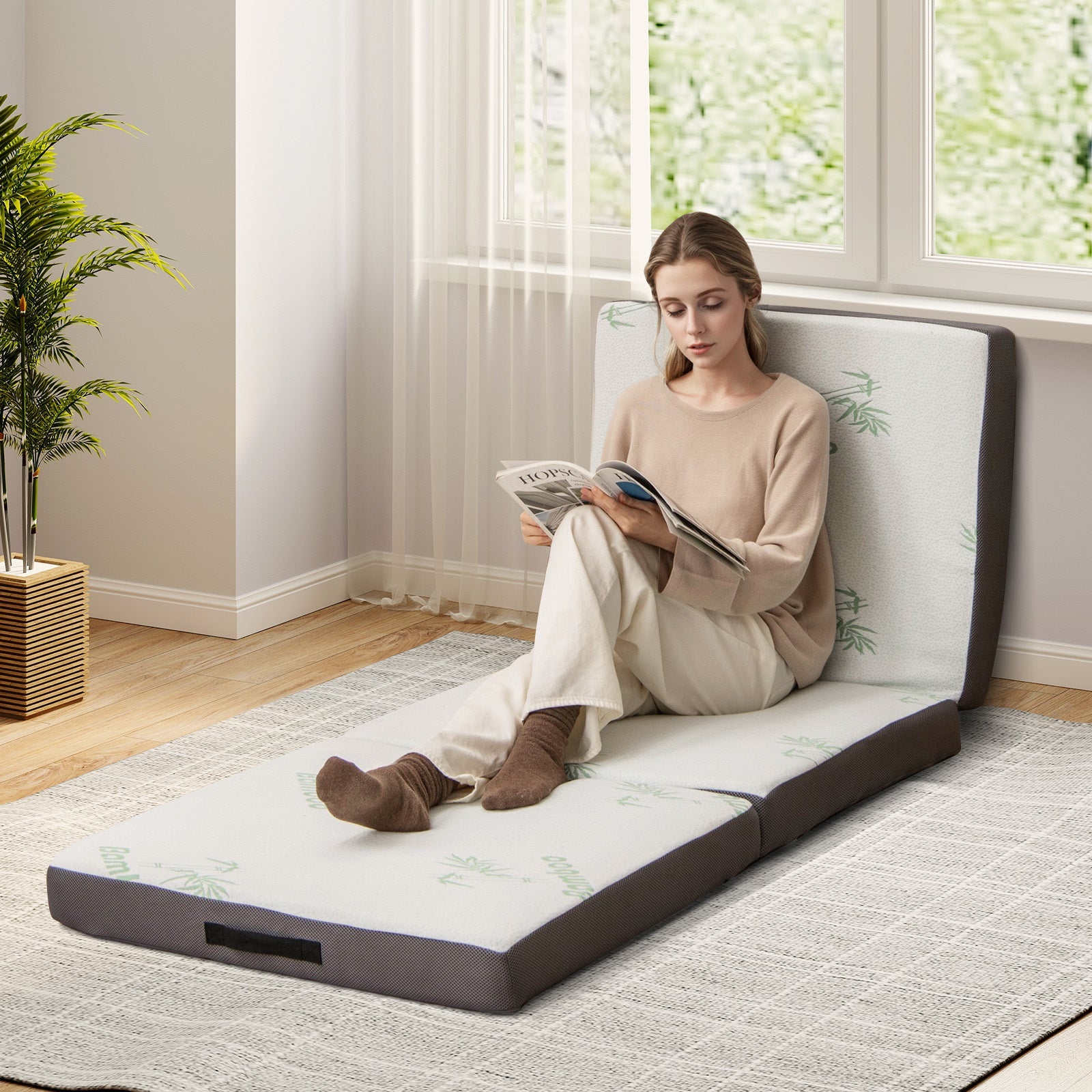 4 Inch Tri-Fold Foam Mattress with Washable Cover for Yoga Guest Mat-Gray