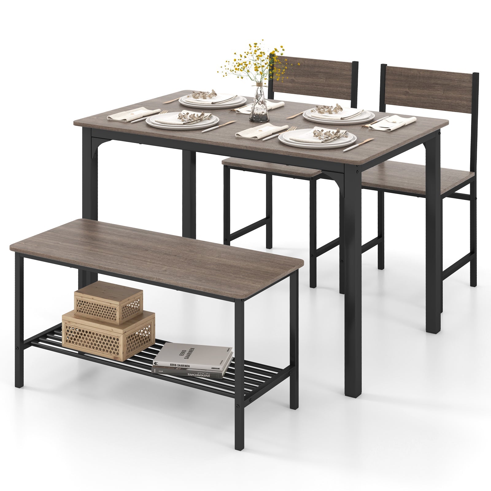 4 Pieces Rustic Dining Table Set with 2 Chairs and Bench