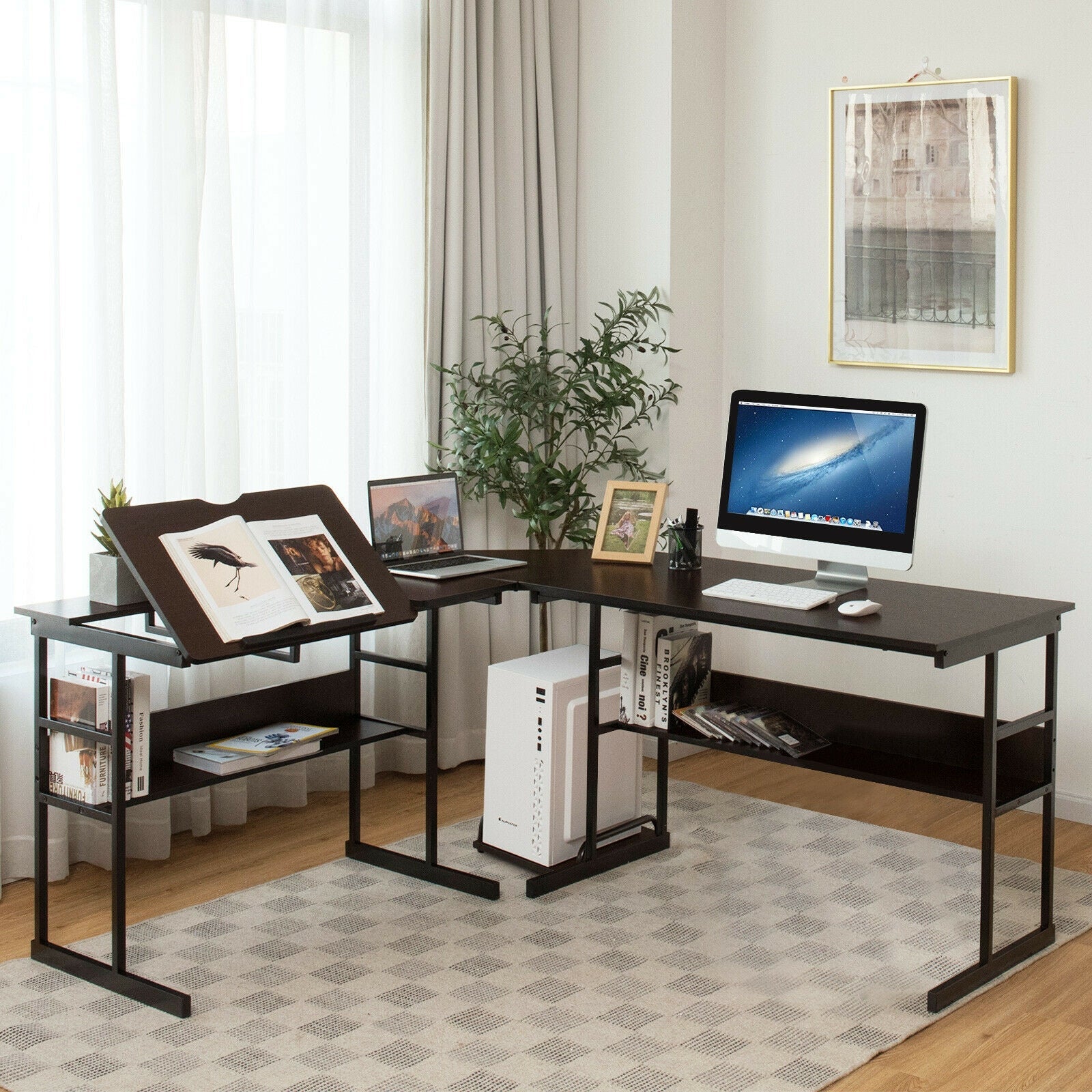 L-Shaped Computer Desk with Tiltable Tabletop