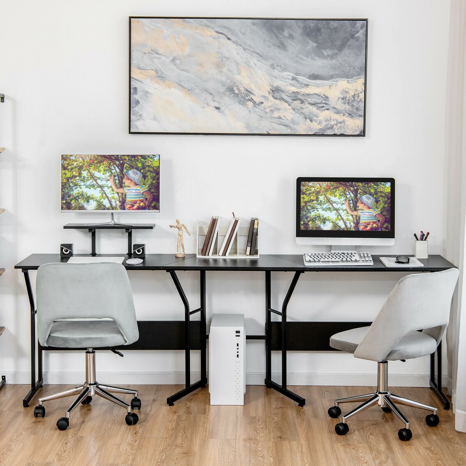 88.5 Inch L Shaped Reversible Computer Desk Table with Monitor Stand