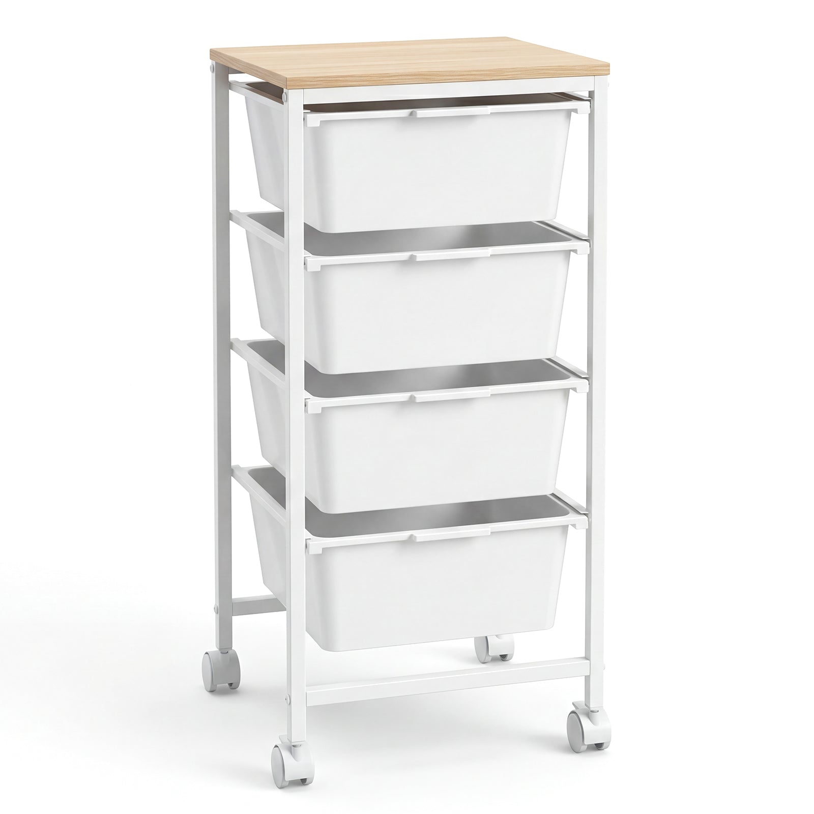 4-Drawer Rolling Storage Cart Mobile Utility Organizer with Wooden Tabletop and Lockable Wheels-White