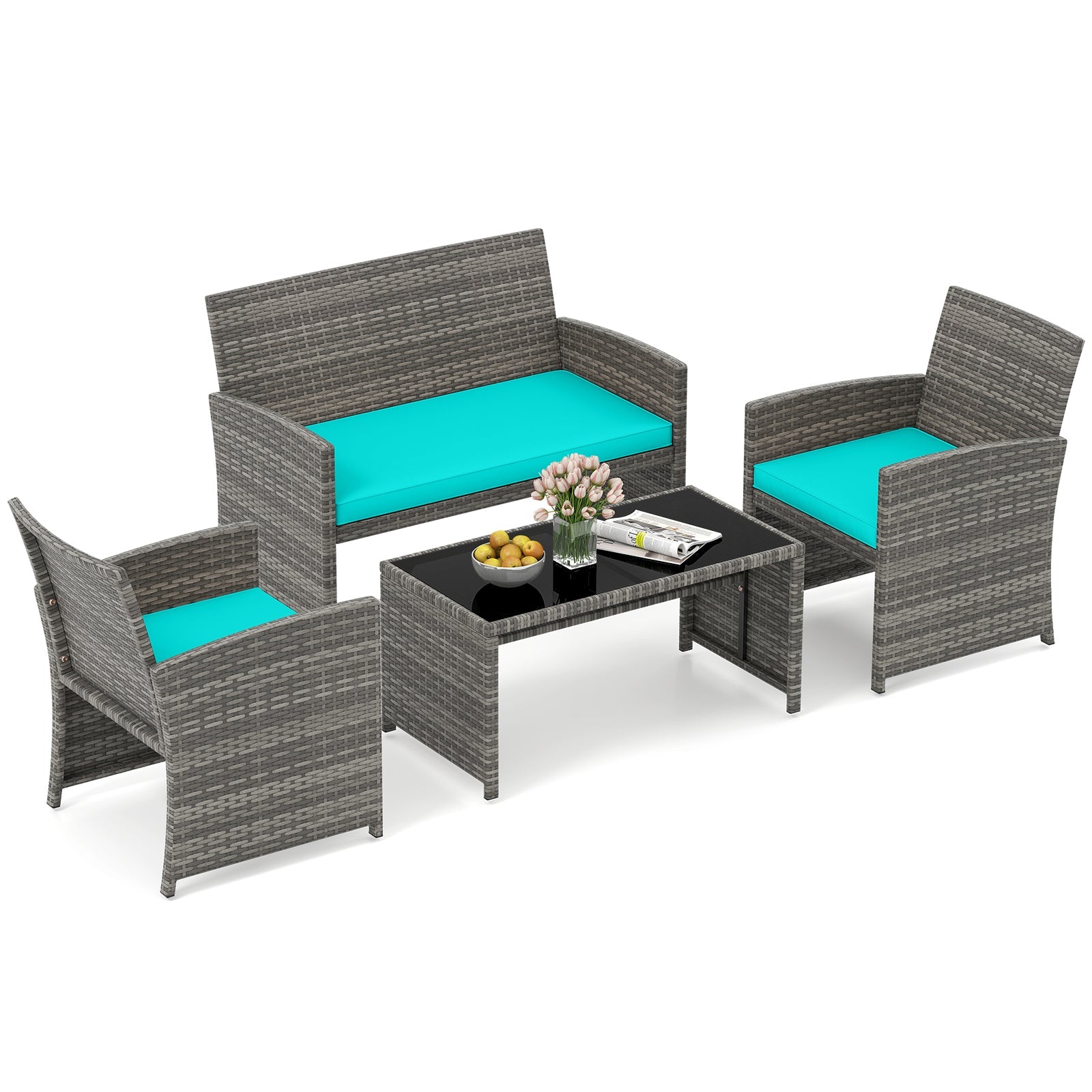 4 Piece Patio Conversation Set Rattan Chair Loveseat and Table Set