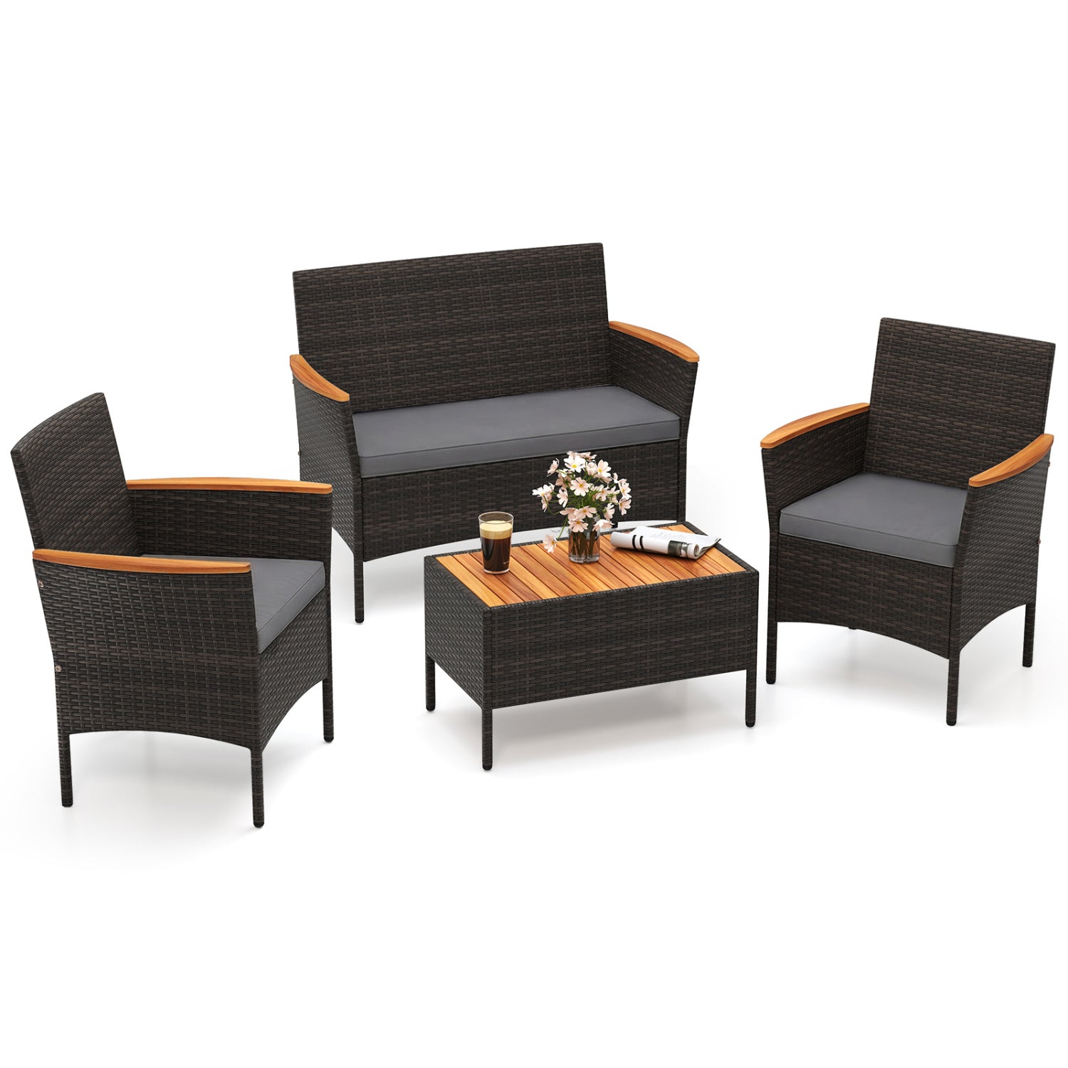 4 Piece Patio Wicker Sofa Set 2 Rattan Chairs and Loveseat with Table-Brown