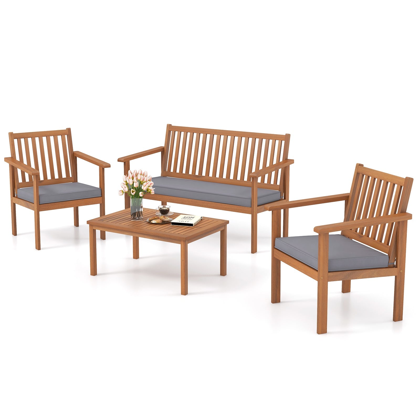 4 Piece Patio Wood Furniture Set Acacia Wood Sofa Set with Loveseat