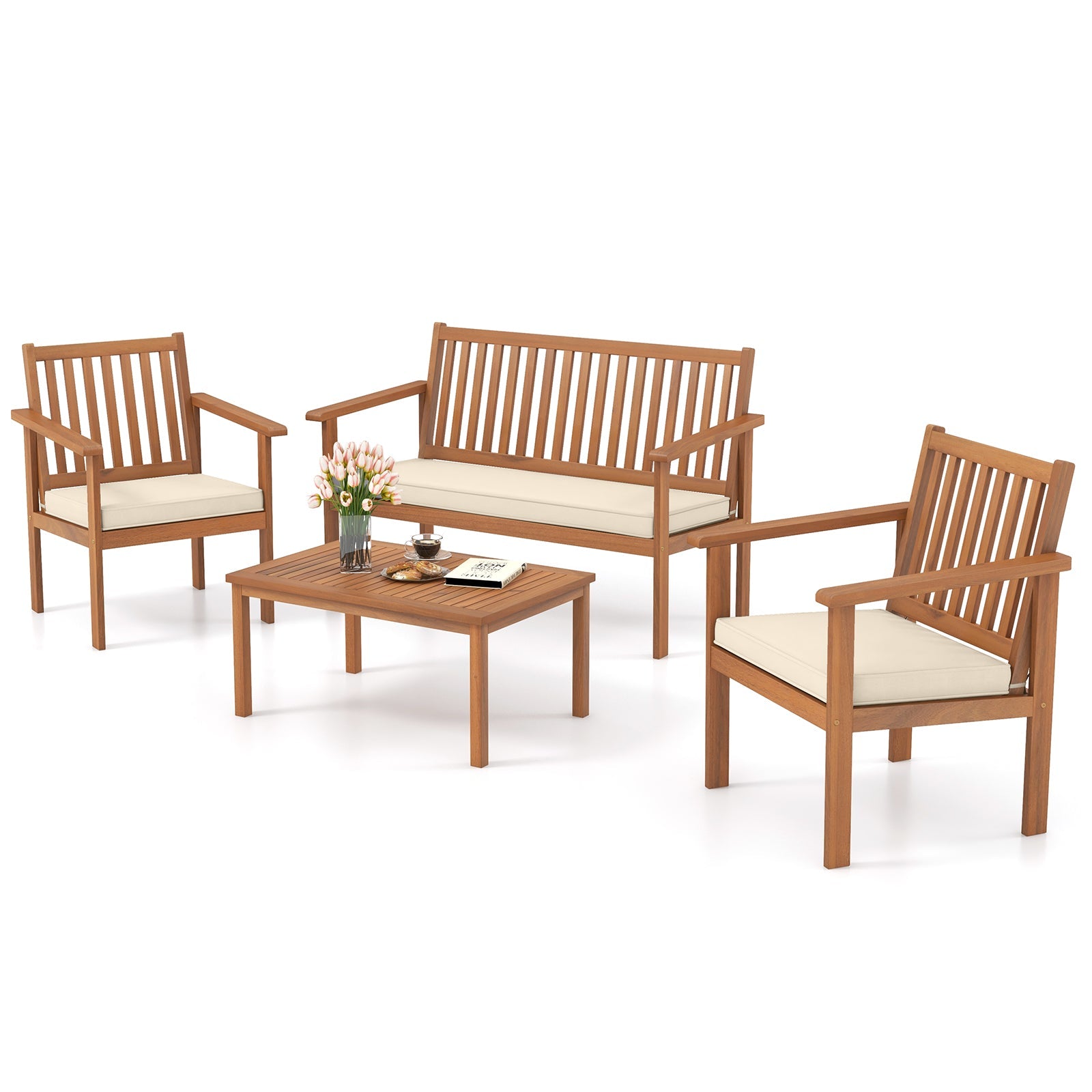 4 Piece Patio Wood Furniture Set Acacia Wood Sofa Set with Loveseat